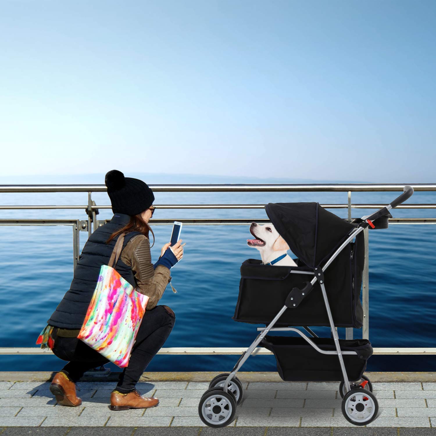 Hcy Dog & Cat Stroller - 4 Wheel Folding Carrier With Cup Holder & Storage Basket For Small & Medium Dogs - Black