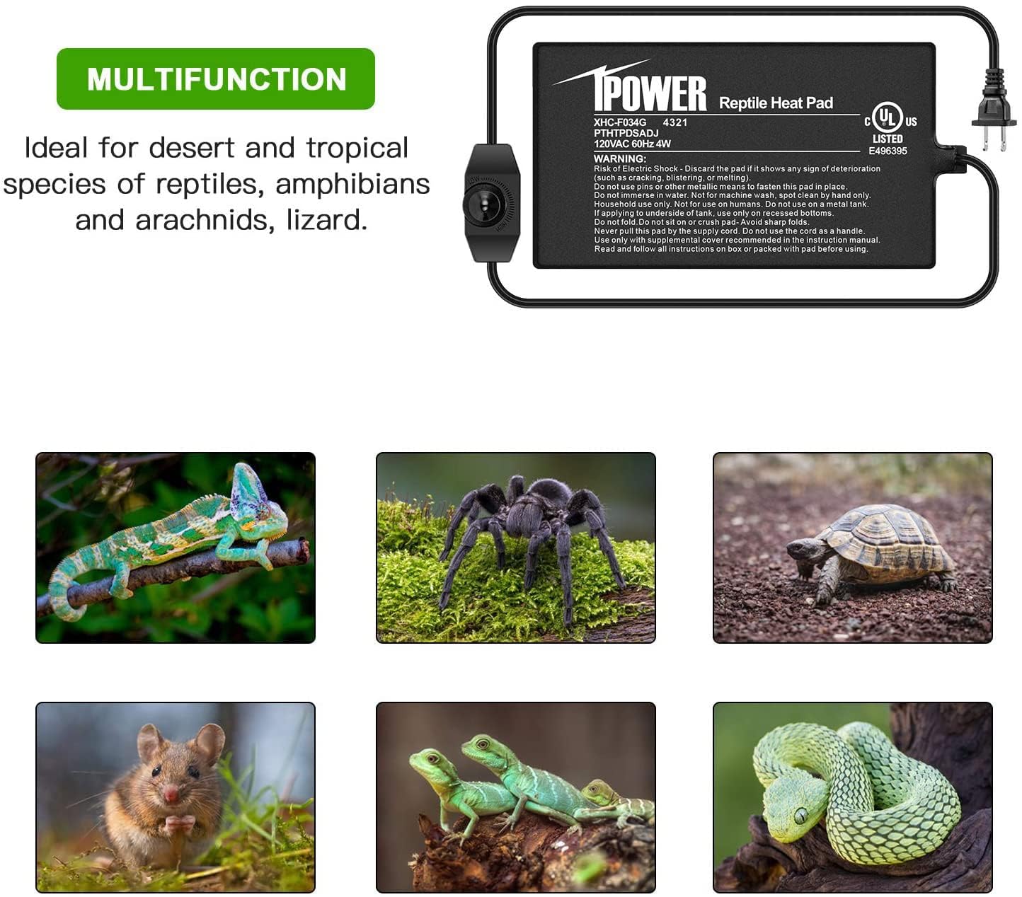 Ipower 4X7 Inch Reptile Heating Pad With Adjustable Controller Knob, Under Tank Heater Mat For Turtles, Lizards, Snakes, Amphibi