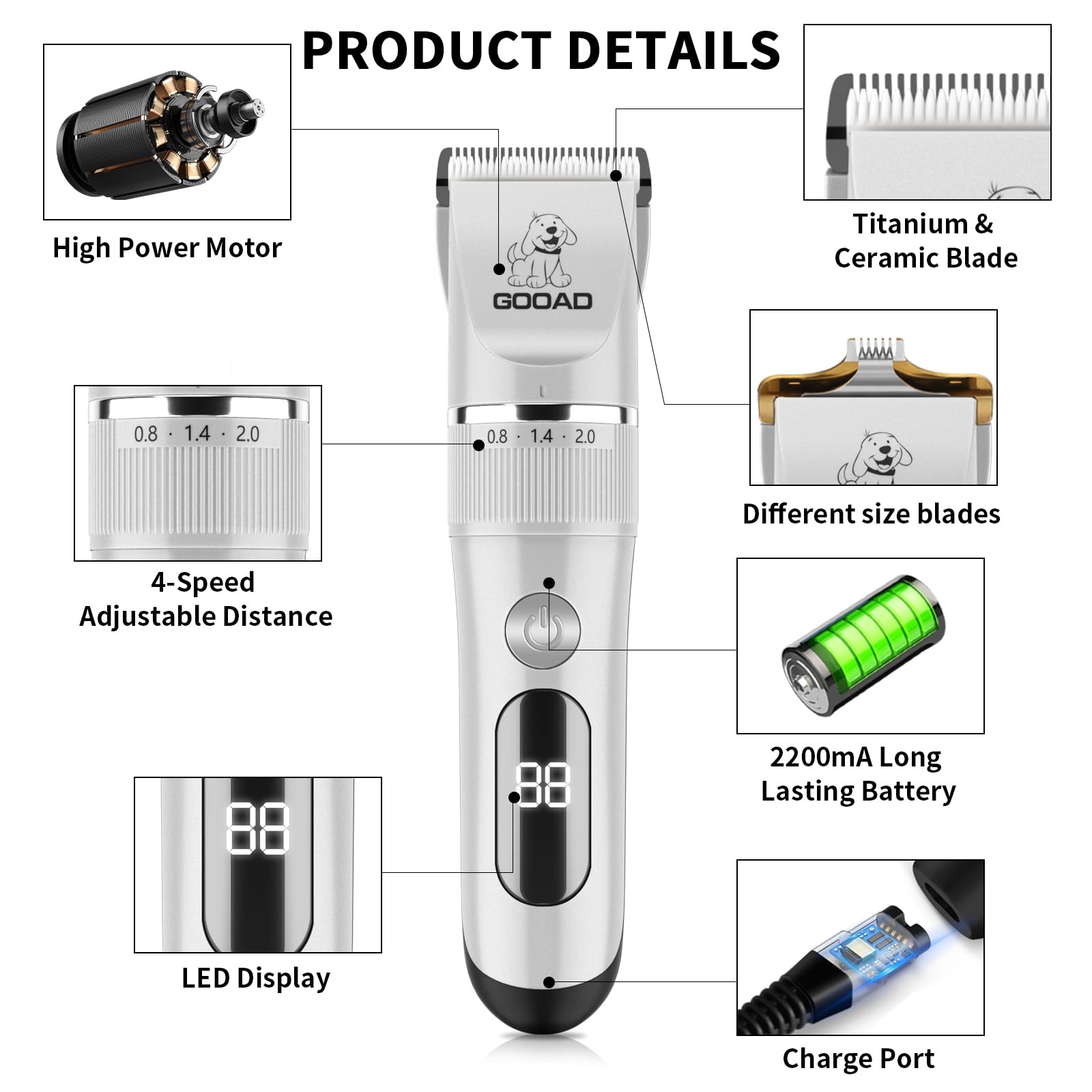 Goood Cat Grooming Kit - Cordless, Low Noise Paw Trimmer, Quiet Cat/Dog Clippers For Long/Matted Hair (Silver)