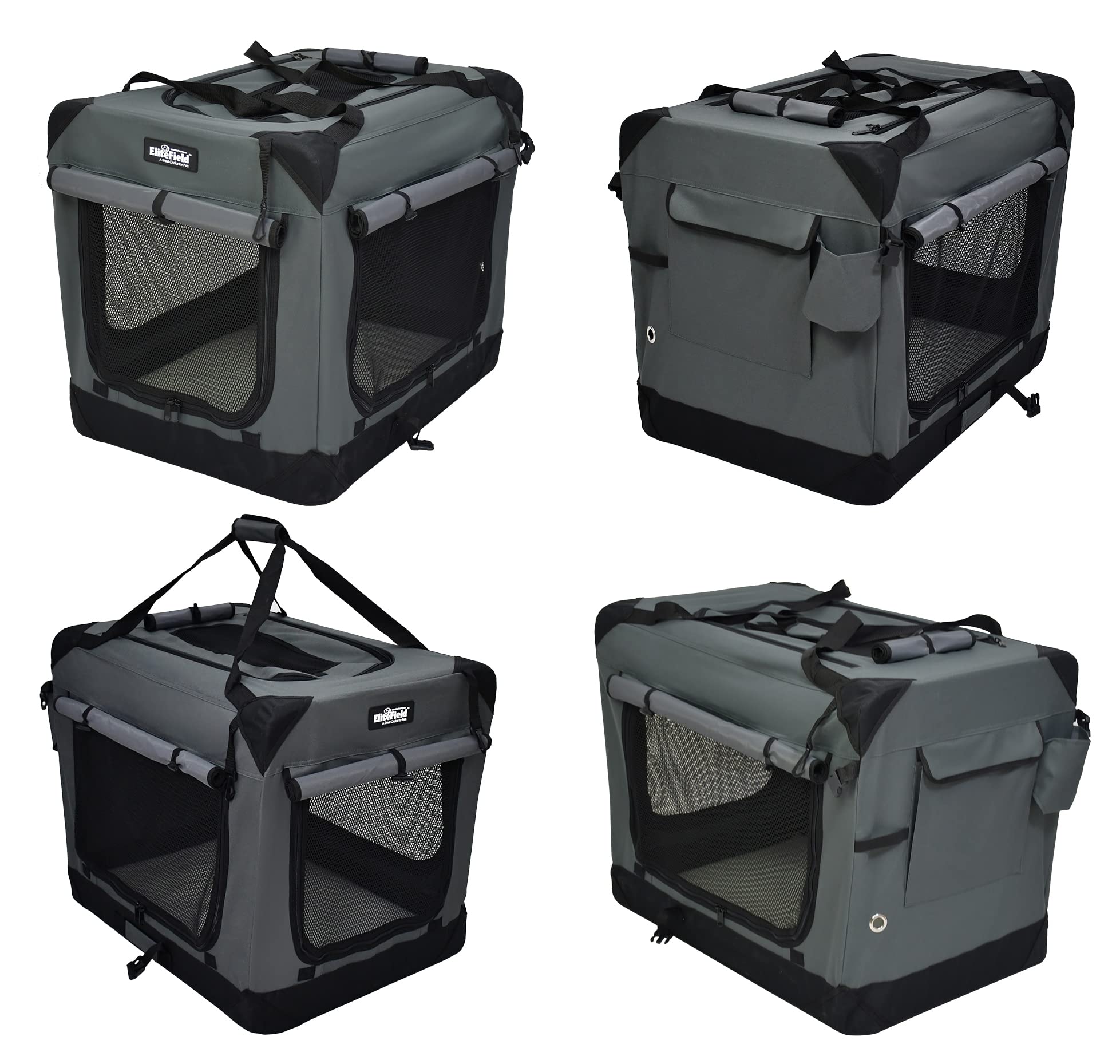 Elitefield 4-Door Folding Soft Dog Crate With Curtains, Carrying Bag And Fleece Bed (2 Year Warranty), Indoor & Outdoor Pet Home (36' L X 24' W X 28' H, Gray+4 Door Curtains)