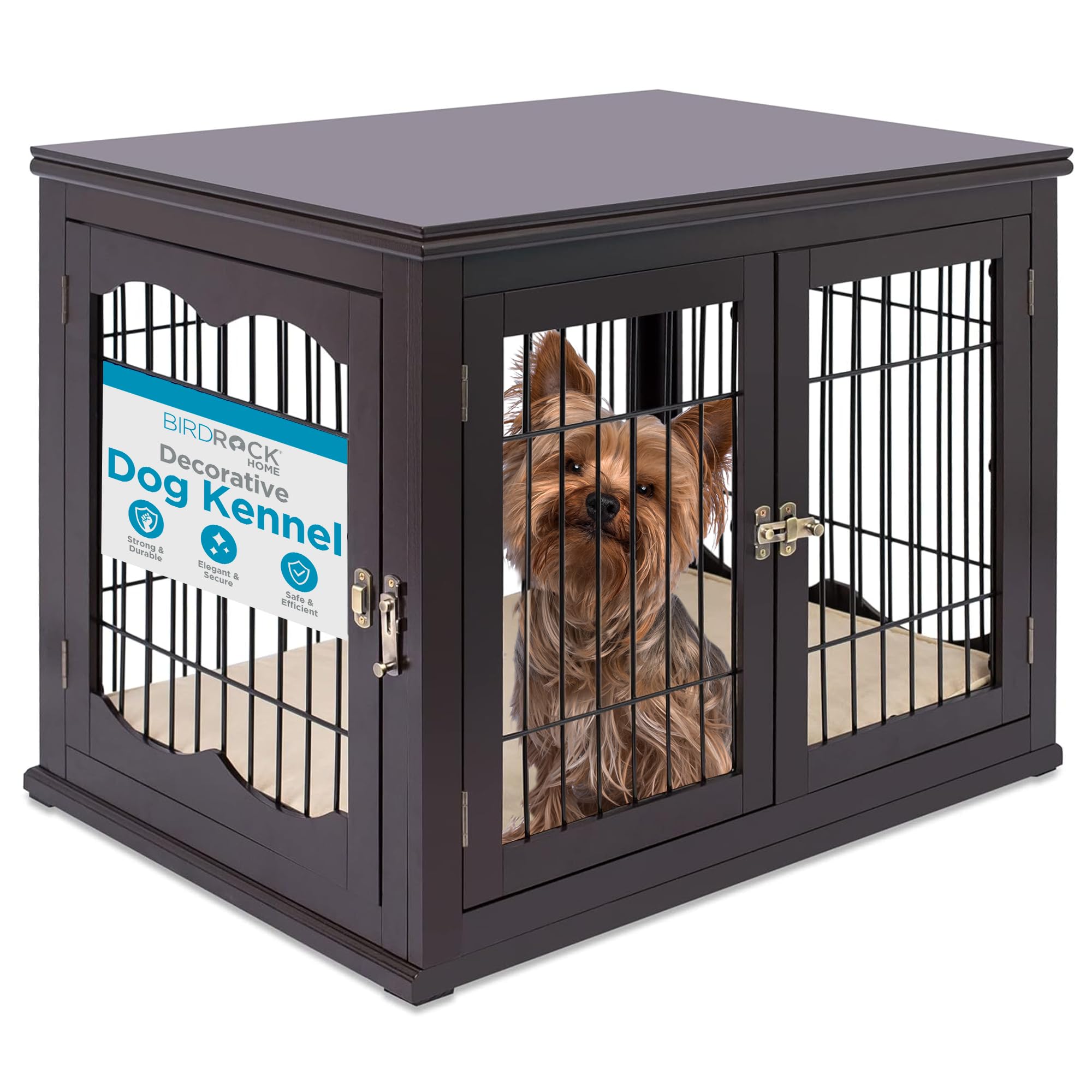 Internet'S Best Decorative Dog Kennel With Pet Bed, Small Pet House, Double Door Indoor Crate, Engineered Wood & Wire Furniture, Side Table & Nightstand, Fits Small Dogs - Espresso