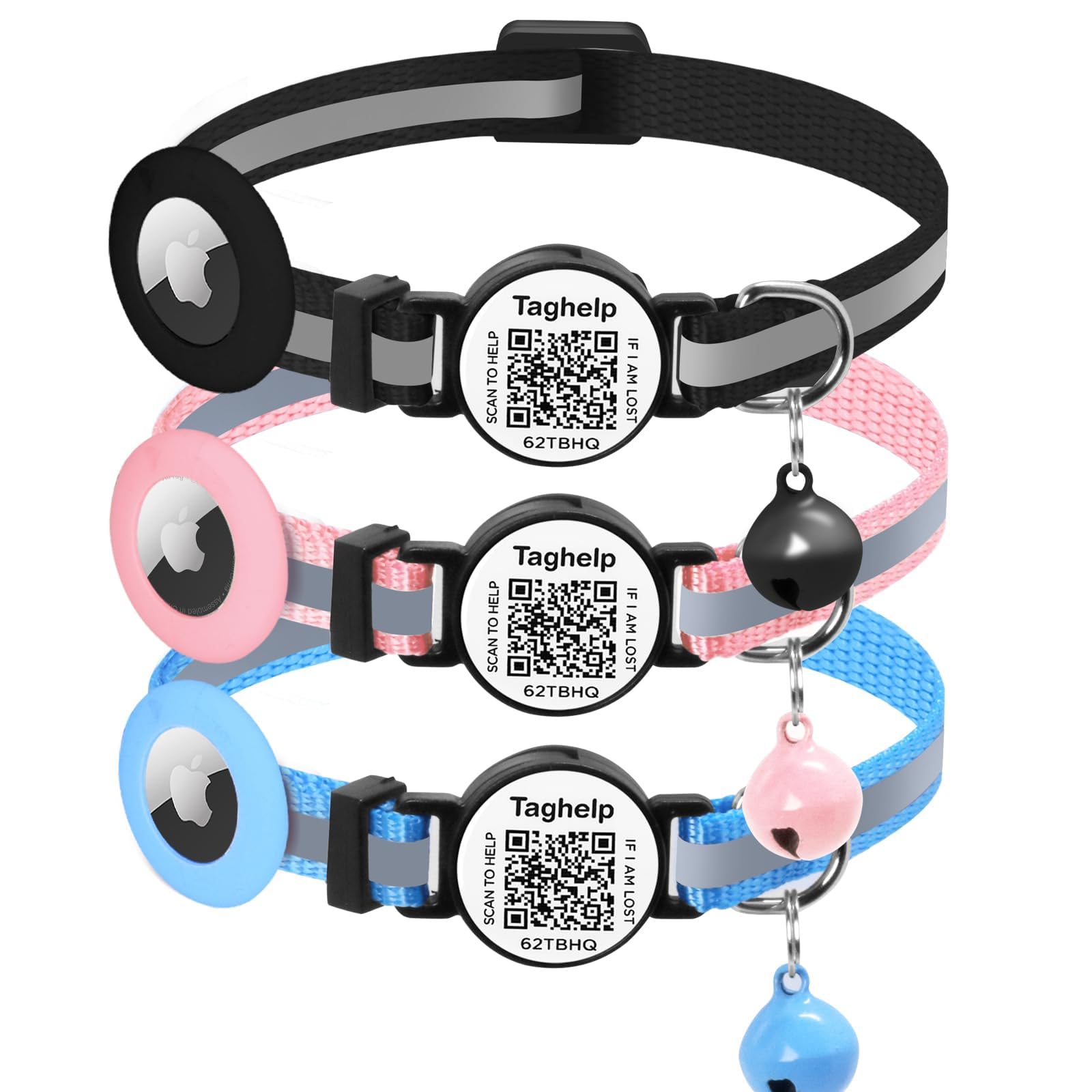 3 Pack Airtag Cat Collar Breakaway With Bell,Reflective Kitten Collar With Apple Airtag Cat Collar Holder,Adjustable,Safety Buck
