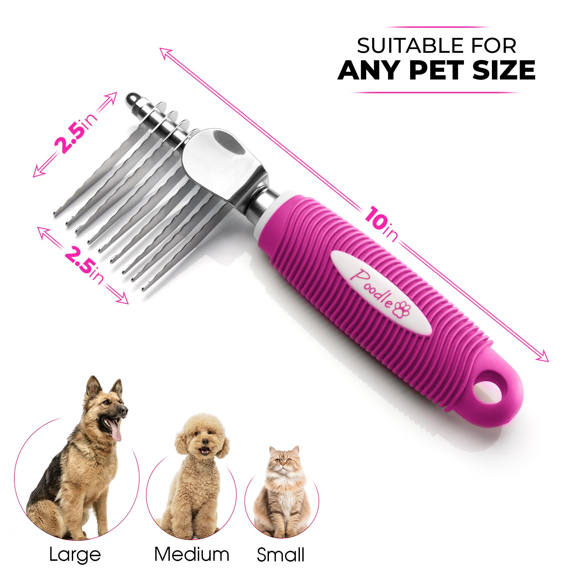 Poodle Pet Dematting Fur Rake Comb Brush Tool - Dog And Cat Comb With Long 2.5 Inches Steel Safety Blades For Detangling Matted Or Knotted Undercoat Hair (Pink, Dematting Comb)