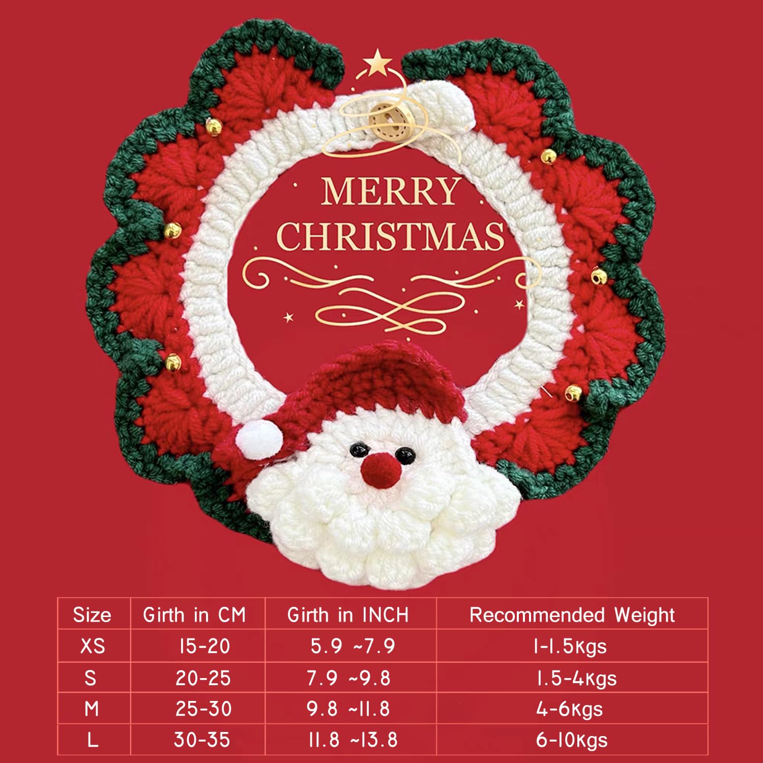 IDOLPET Christmas Santa Claus Cat Collar with Bell Handmade Knitting Holiday Pet Bandana Collar Necktie Costume Outfit for Kitte