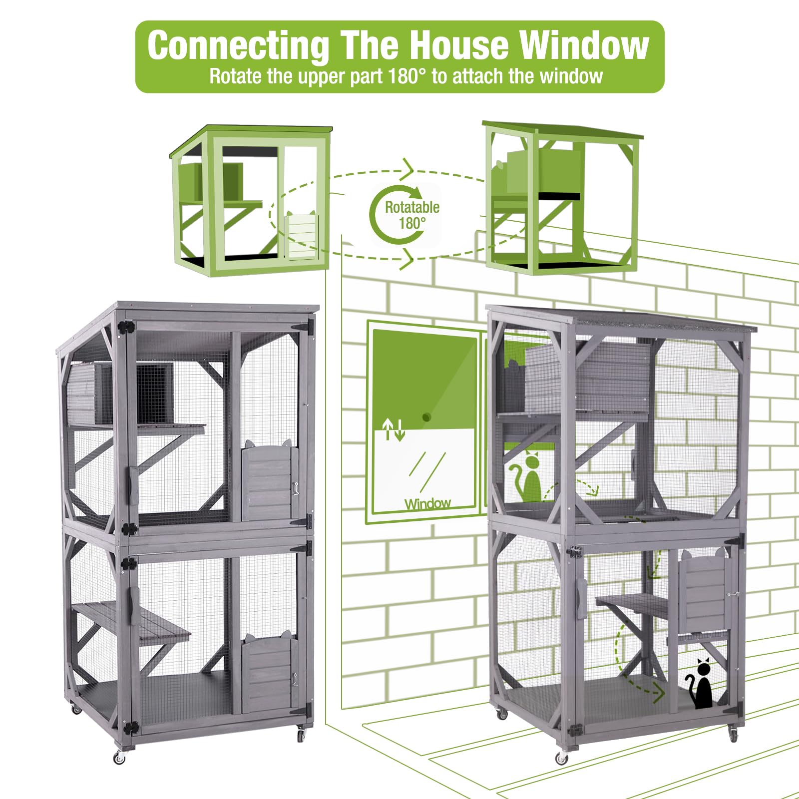 Gutinneen Cat House Outdoor Cage Cat Enclosure On Wheels,Large Wooden Kitty Catio With Resting Box,Pvc Layer