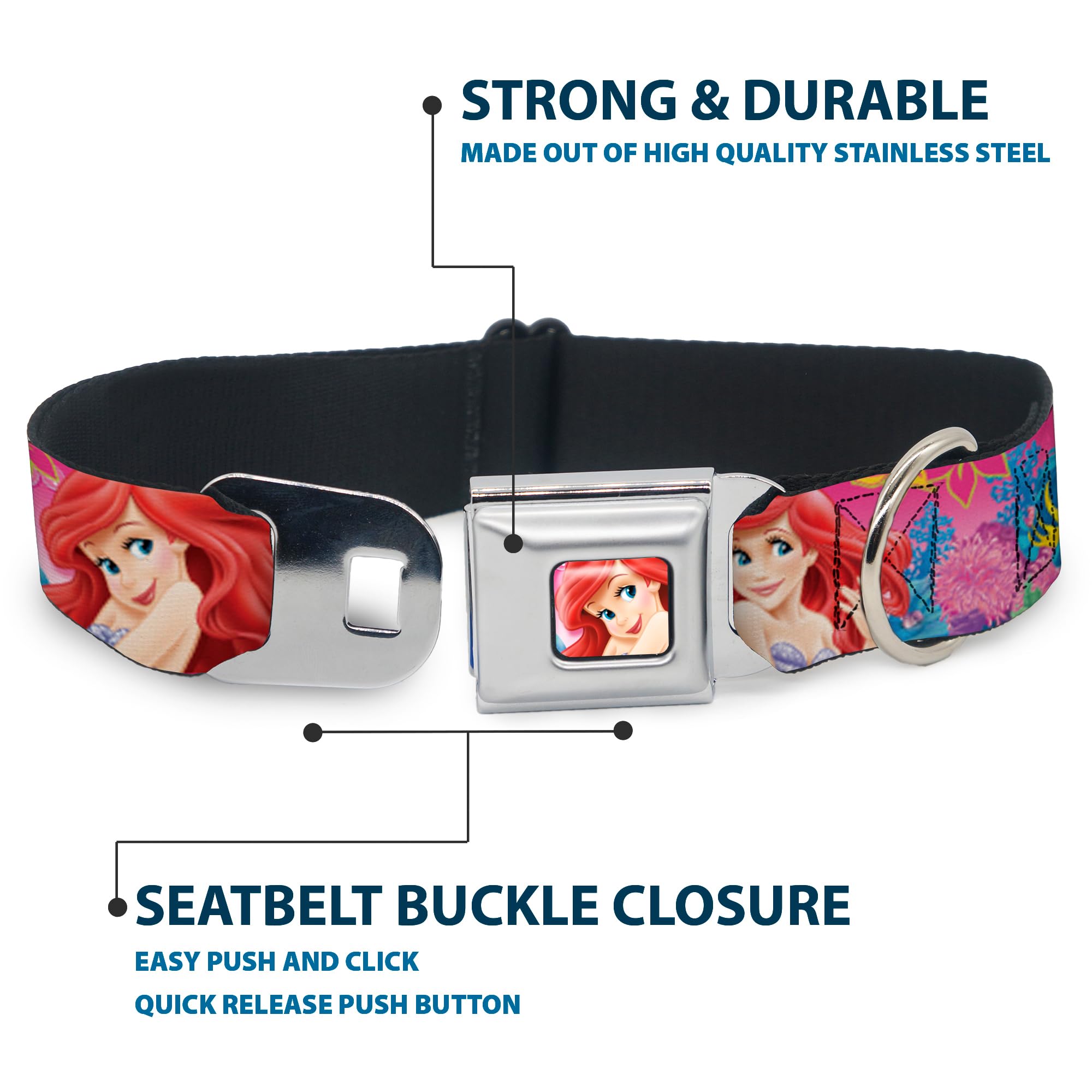 Buckle-Down Seatbelt Buckle Dog Collar - Ariel/Flounder/Fish Trio Poses Pinks - 1' Wide - Fits 11-17' Neck - Medium