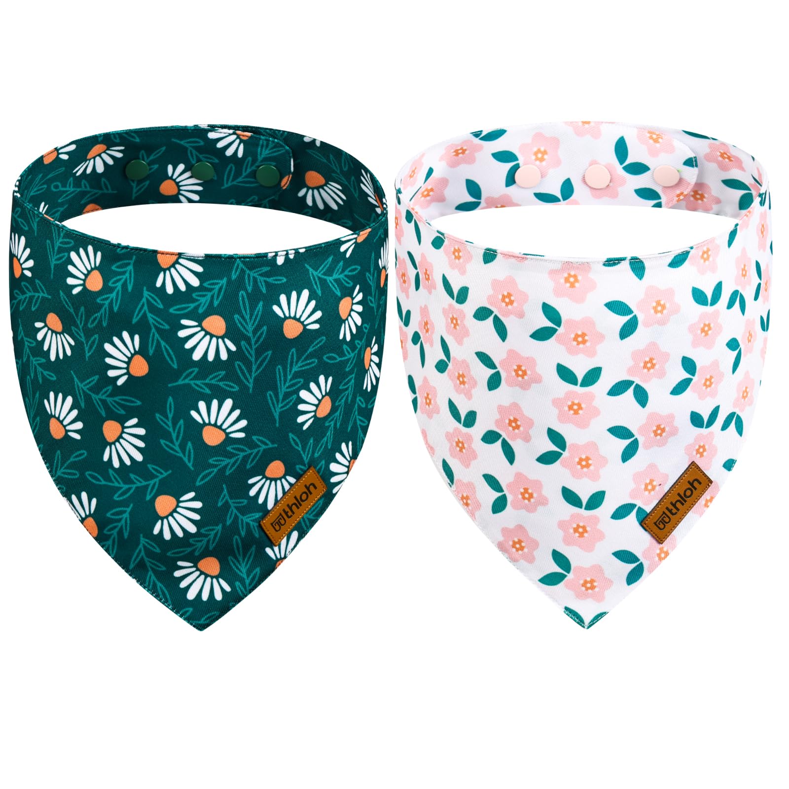 Thloh Spring Dog Bandanas With Snap Button, 2 Pack Floral Dog Scarf For Boy & Girl, Durable Fabric, Adjustable Fit, Unique Shape
