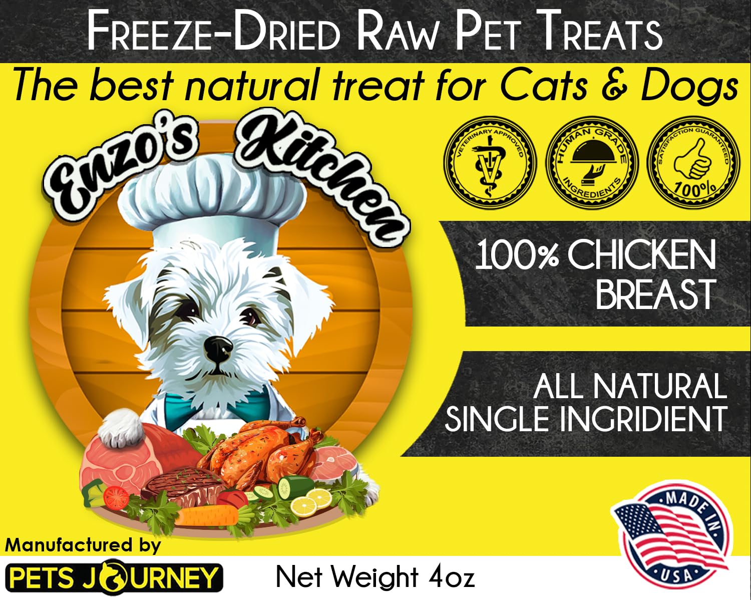 Pets Journey Freeze-Dried Chicken Breast Treats for Dogs & Cats, 4oz, Single Ingredient