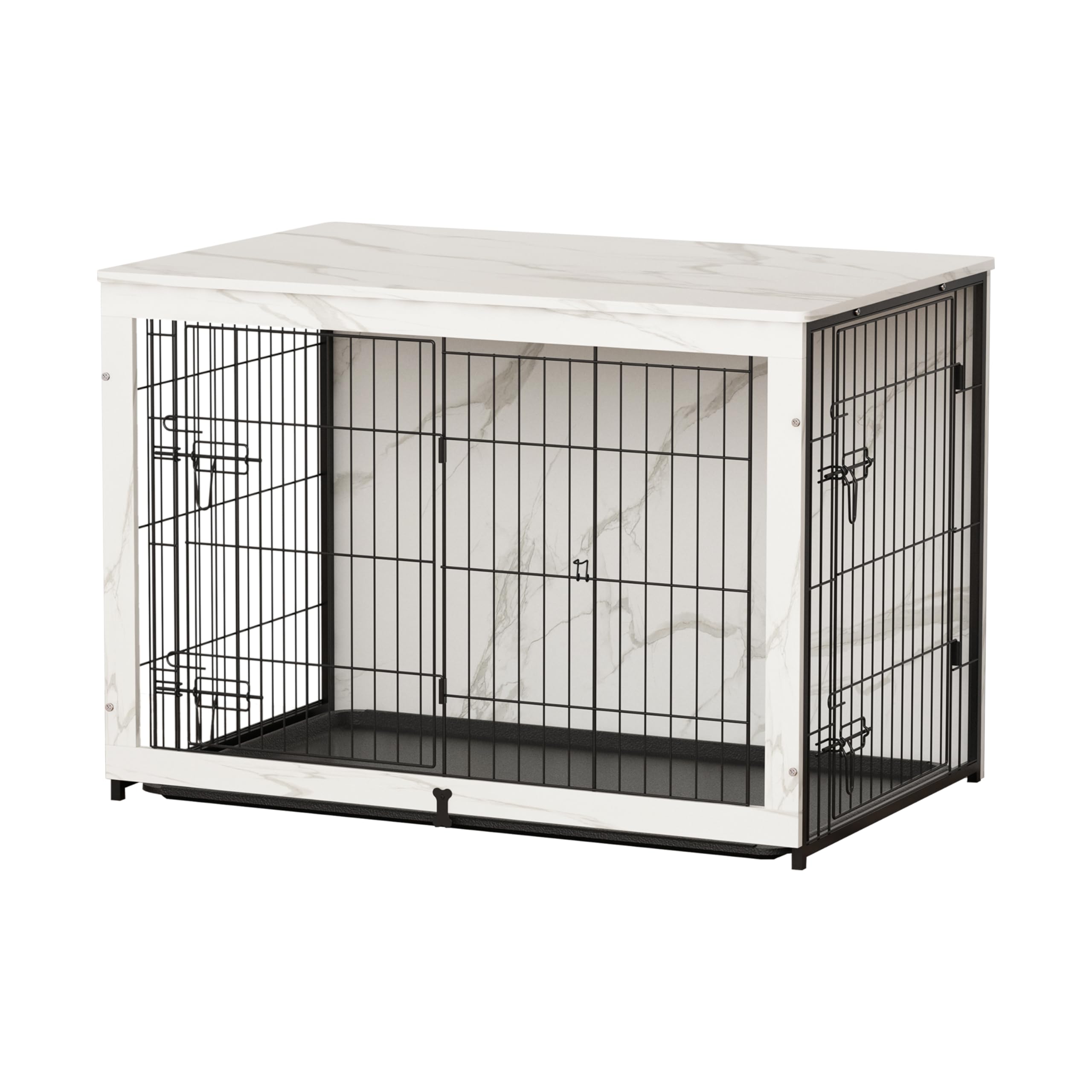 Megidok Wooden Dog Crate Furniture With Cushion, End Table With Tray, Double Doors (L:37'' W:25'' D:26'' H, Marble White)