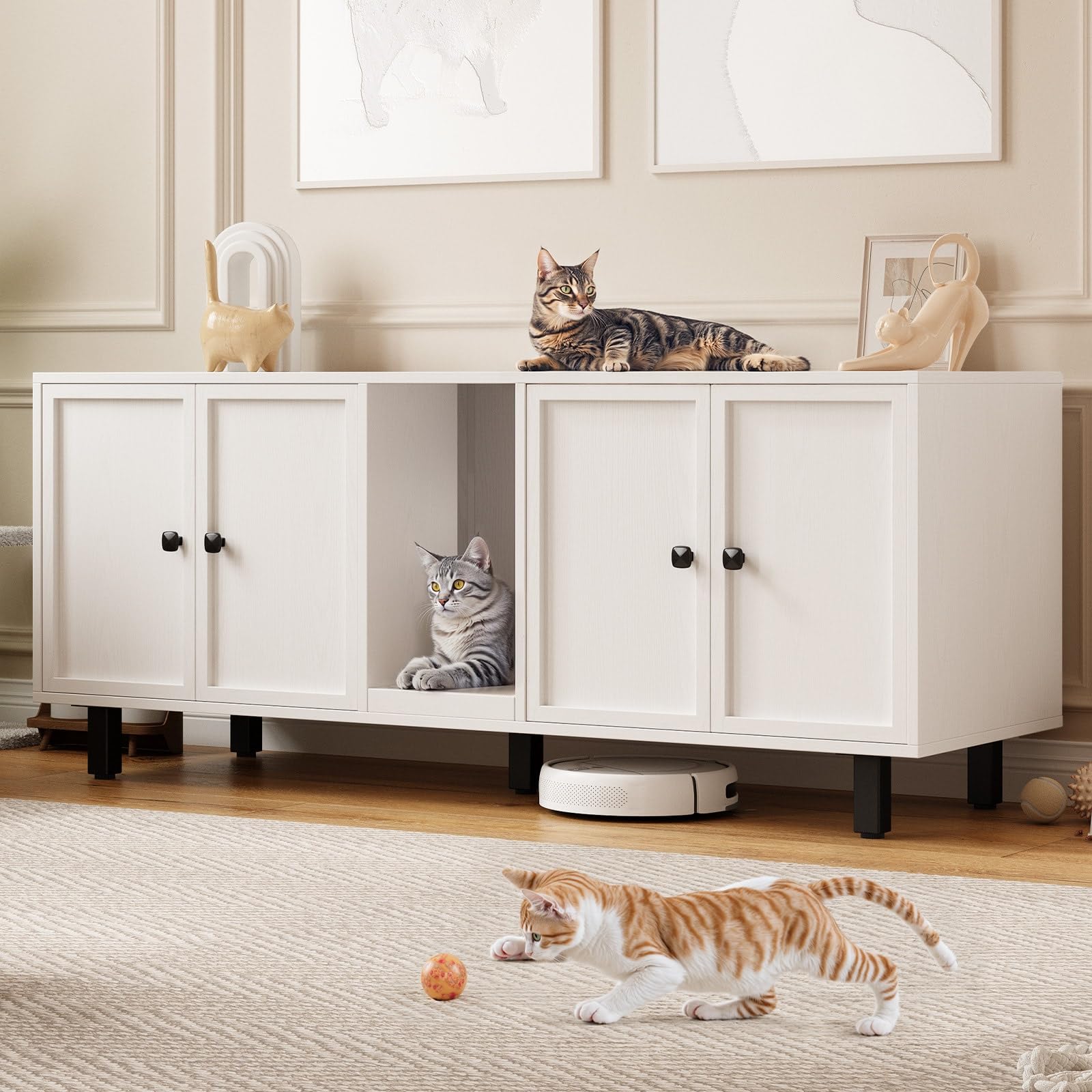 ONBRILL 59 Inches Cat Litter Box Enclosure for 2 Cats, Hidden Litter Boxes Furniture with Cat Scratch Pad, Large Indoor Pet Hous