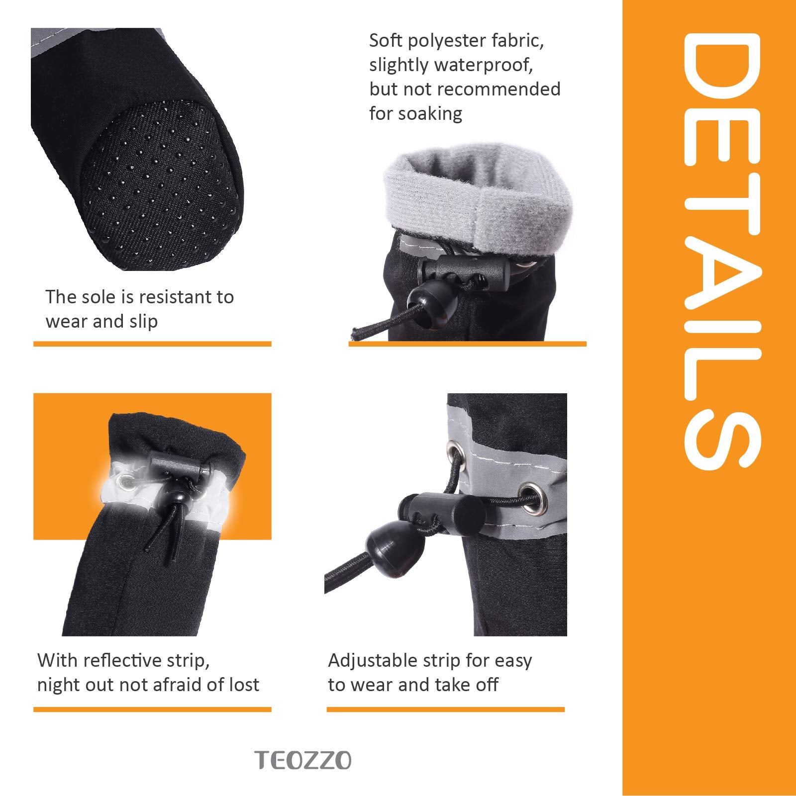 Teozzo Dog Boots & Paw Protector, Anti-Slip Sole Winter Snow Dog Booties With Reflective Straps Dog Shoes For Small Medium Dogs 4Pcs Black 7