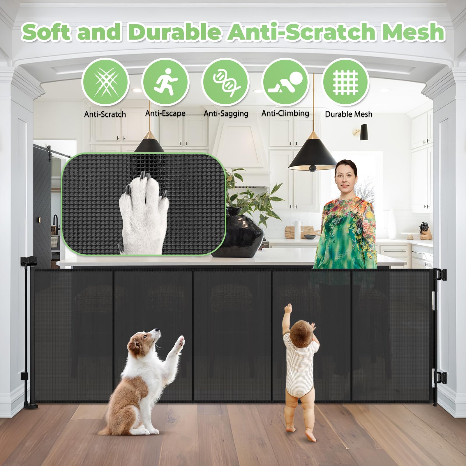 Stcockis Reinforced 155" Extra Wide Retractable Baby Gate - 37" Tall, PVC Mesh, Black, Model XMF-X741852