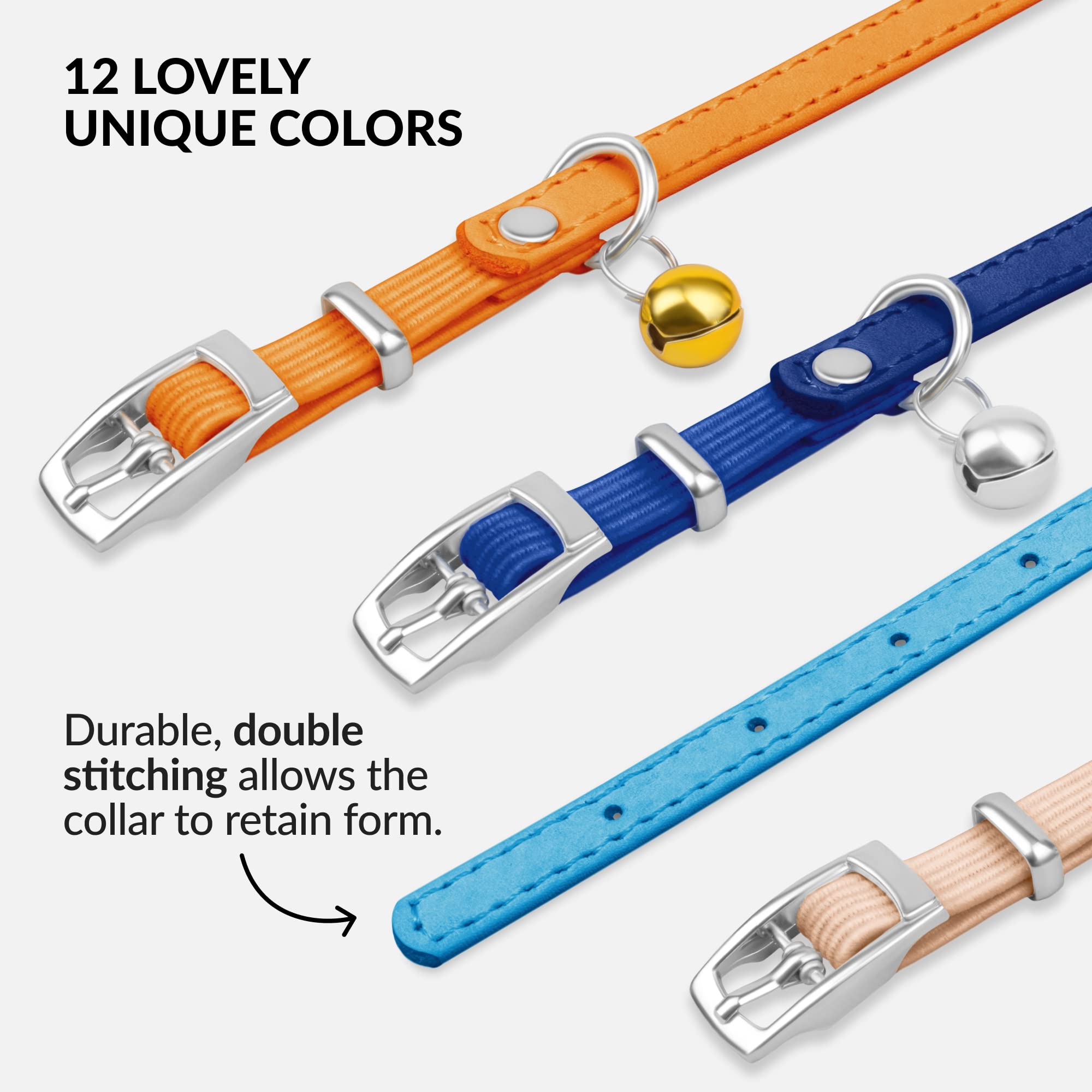 Collardirect Leather Cat Collar With Bell - Kitten Collar, Small And Big Cat Collar For Boy Cats, Girl Cats With Safety Elastic Strap (Neck Fit 8'-11', Light Blue)