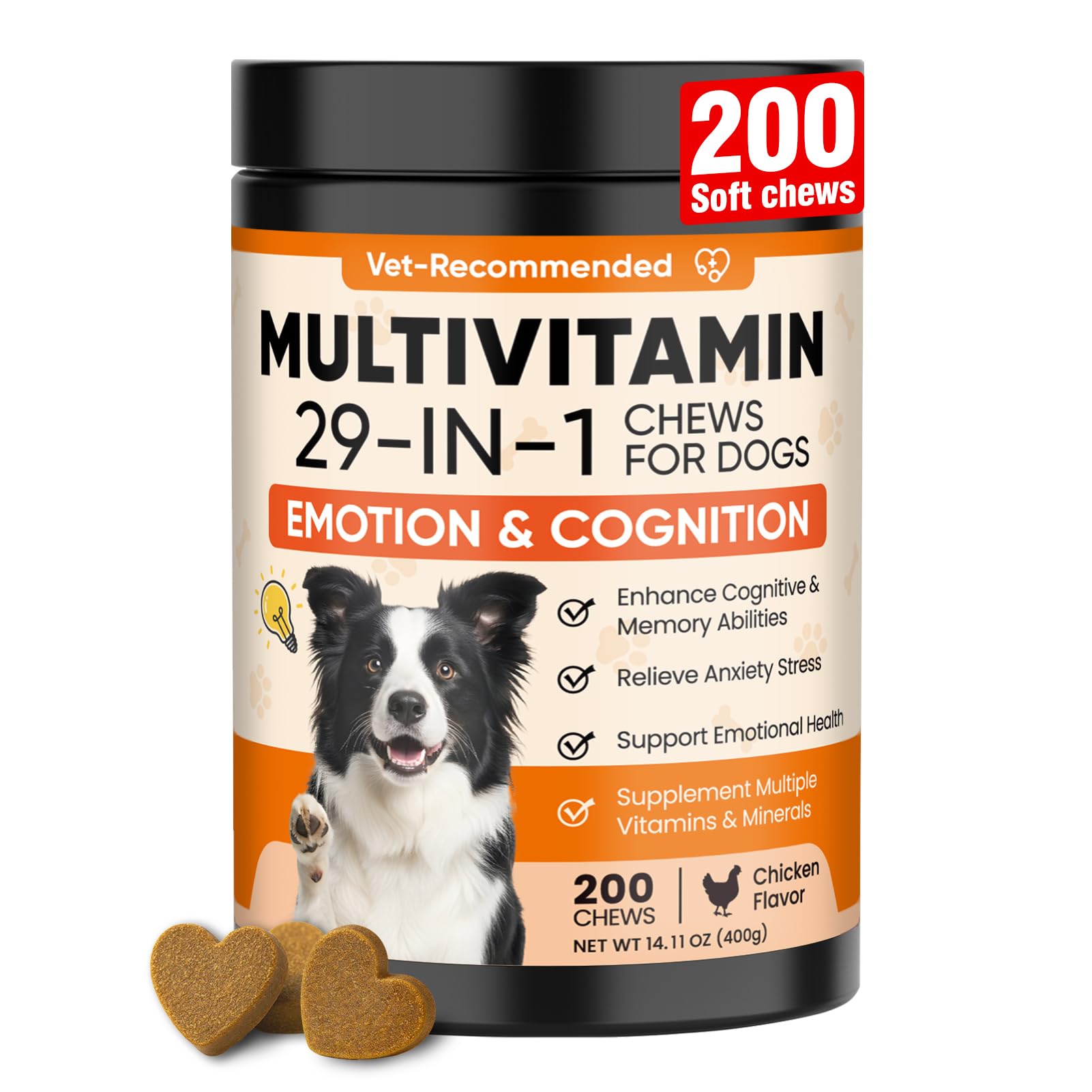 29-in-1 Advanced Cognition Dog Vitamins and Supplement with Melatonin Omega-3 L-Theanine 200 Ct Dog Multivitamins Chewable Suppo