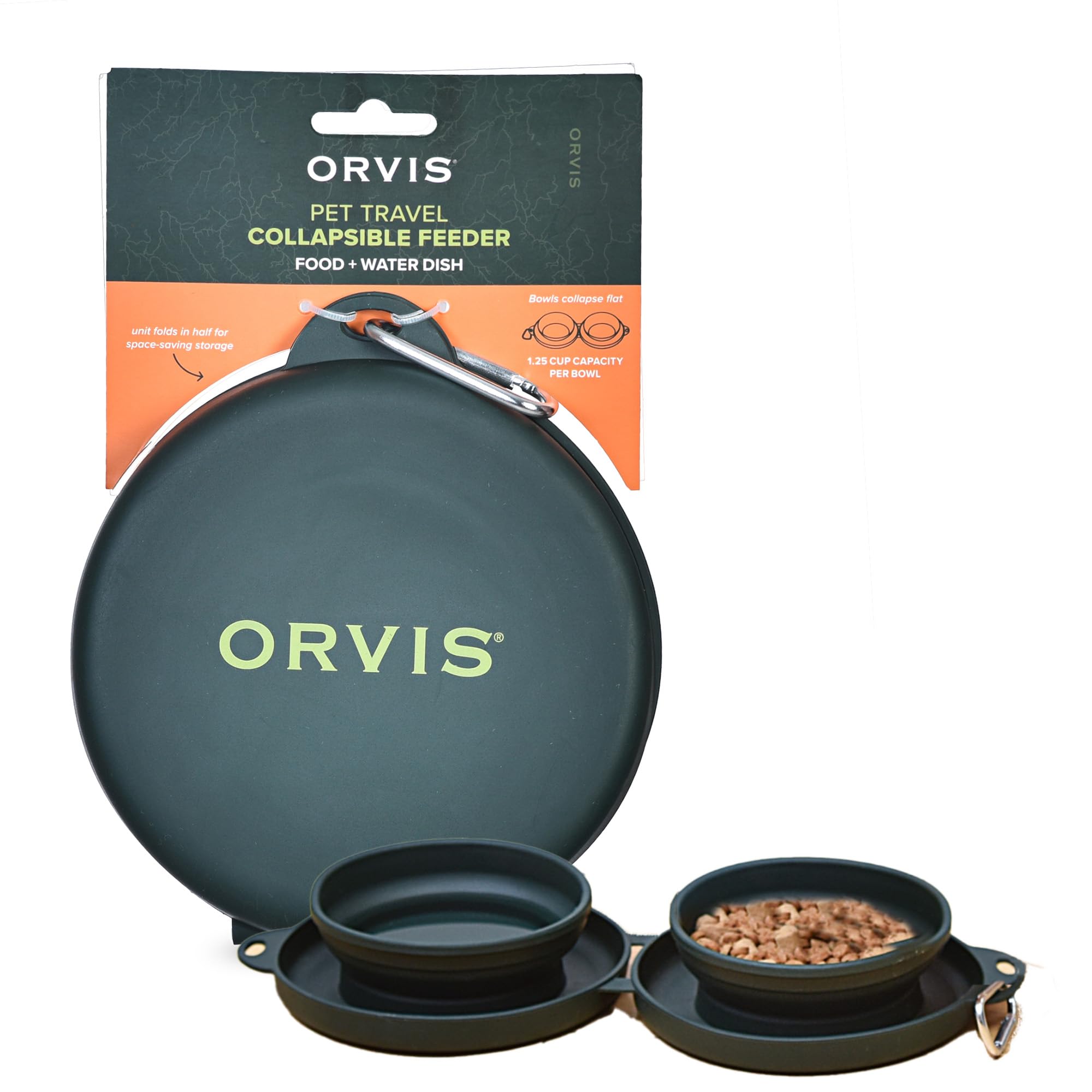Orvis Pet Travel Collapsible Feeder with Food + Water Dish, 2-in-1, BPA Free, Food-Grade Silicone | Space-Saving Pet Travel Bowl
