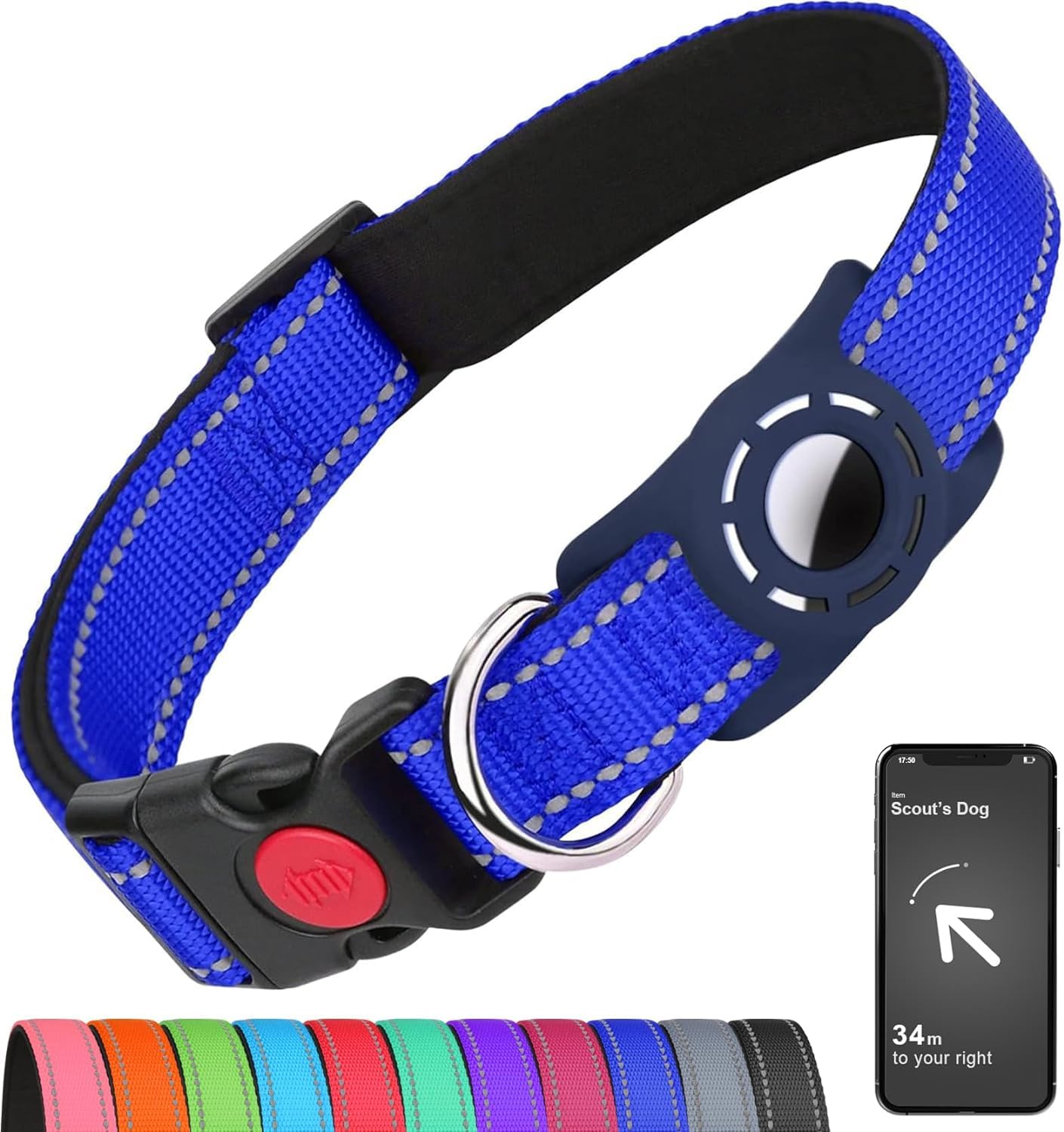 Erbine Airtag Dog Collar For Large Dogs, Reflective Dog Collars With Airtag Holder, Soft Padded & Safety Locking Buckle, Nylon Pet Collar Adjustable For All Breeds, Navyblue