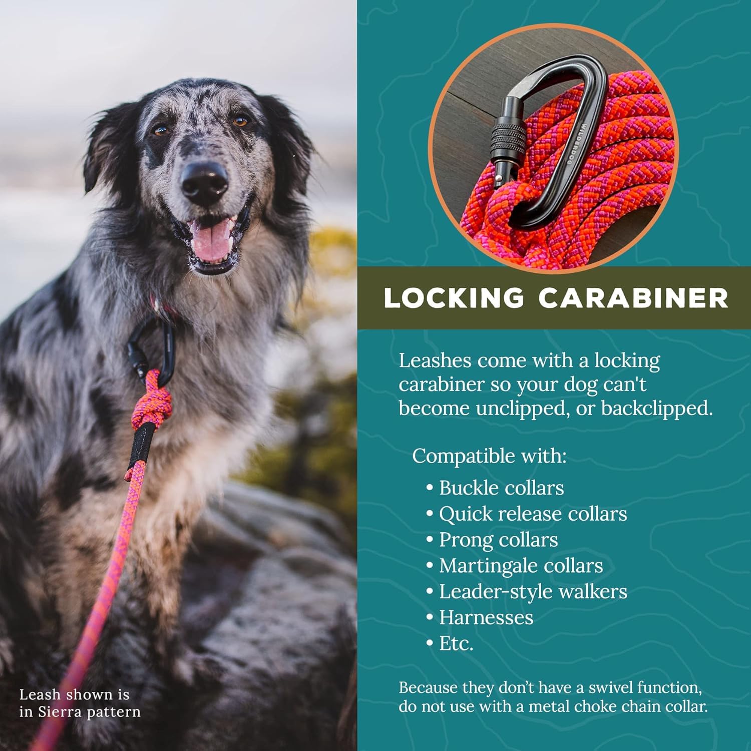 Wilderdog Carabiner Climbing Rope Dog Leash For Medium & Large Dogs - 5Ft - Sierra