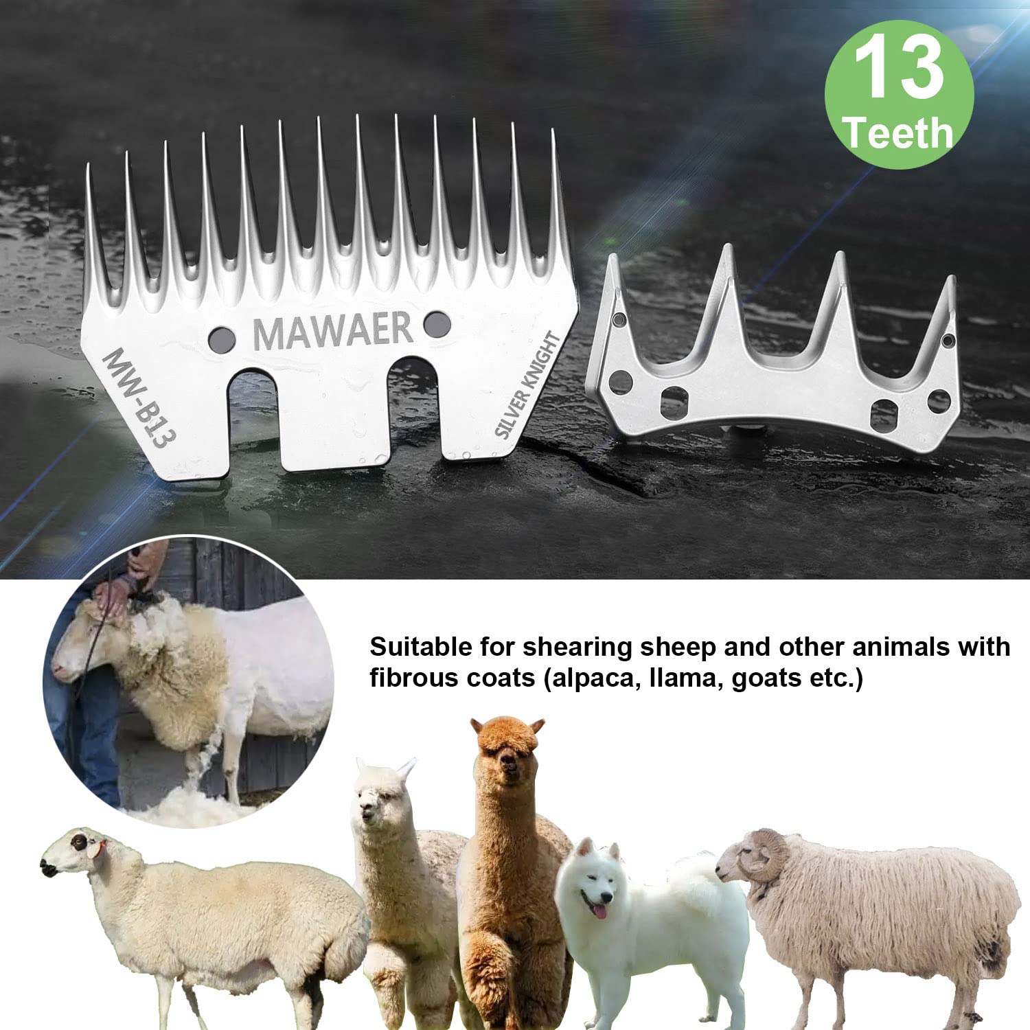 MAWAER 13 Tooth Pet & Livestock Shearing Replacement Blades for fit Oster, Lister, Heiniger Sheep Clippers, Detachable Animal Tr