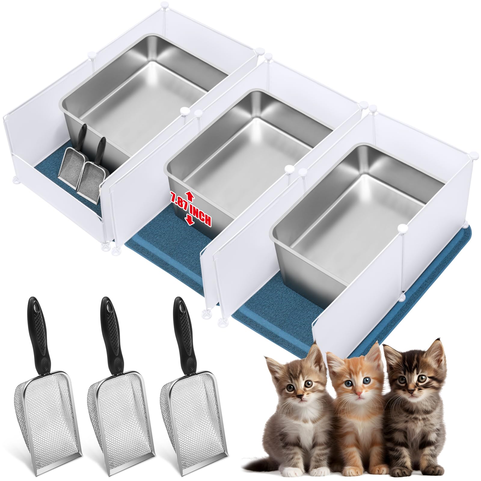 Tioncy 3 Sets Extra Large Stainless Steel Cat Litter Box 23.6 x 15.7 x 8 Inch Include Metal Trash Pan Mats Splash Guard High Sid