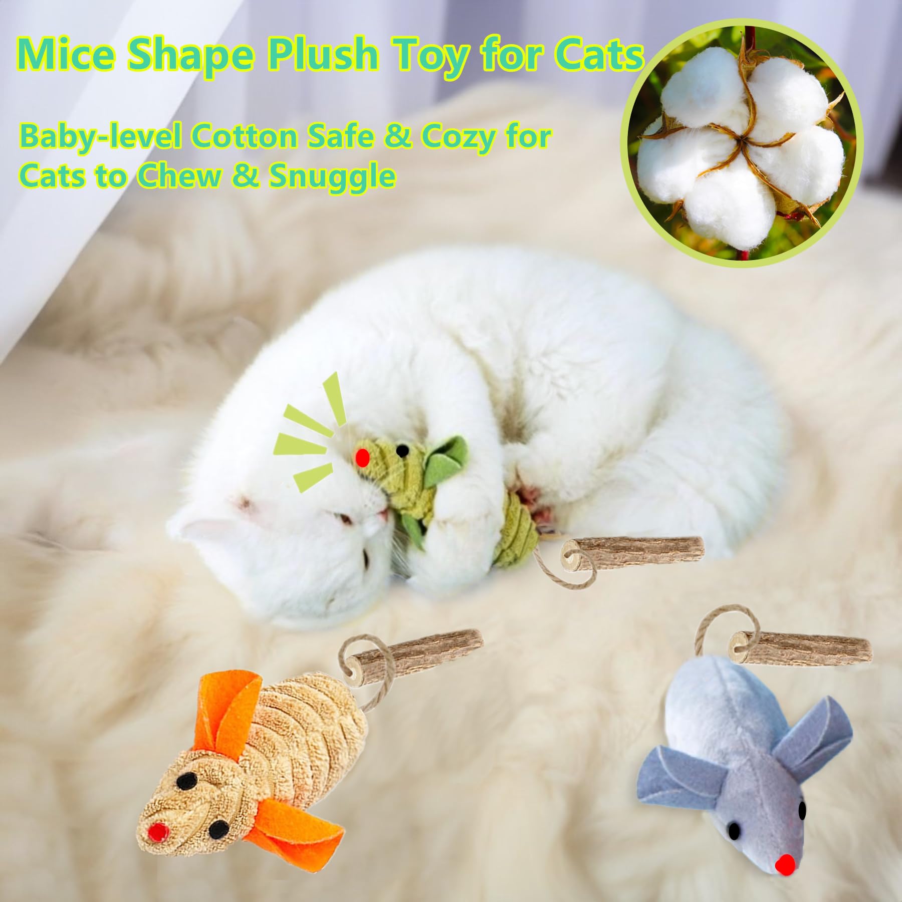 Grembeb Cat Toys, 3 Mice Catnip Toy Crinkle Sound For Indoor Cat With Silvervine Chew Stick For Dental Chirping Mouse Plush Kitt