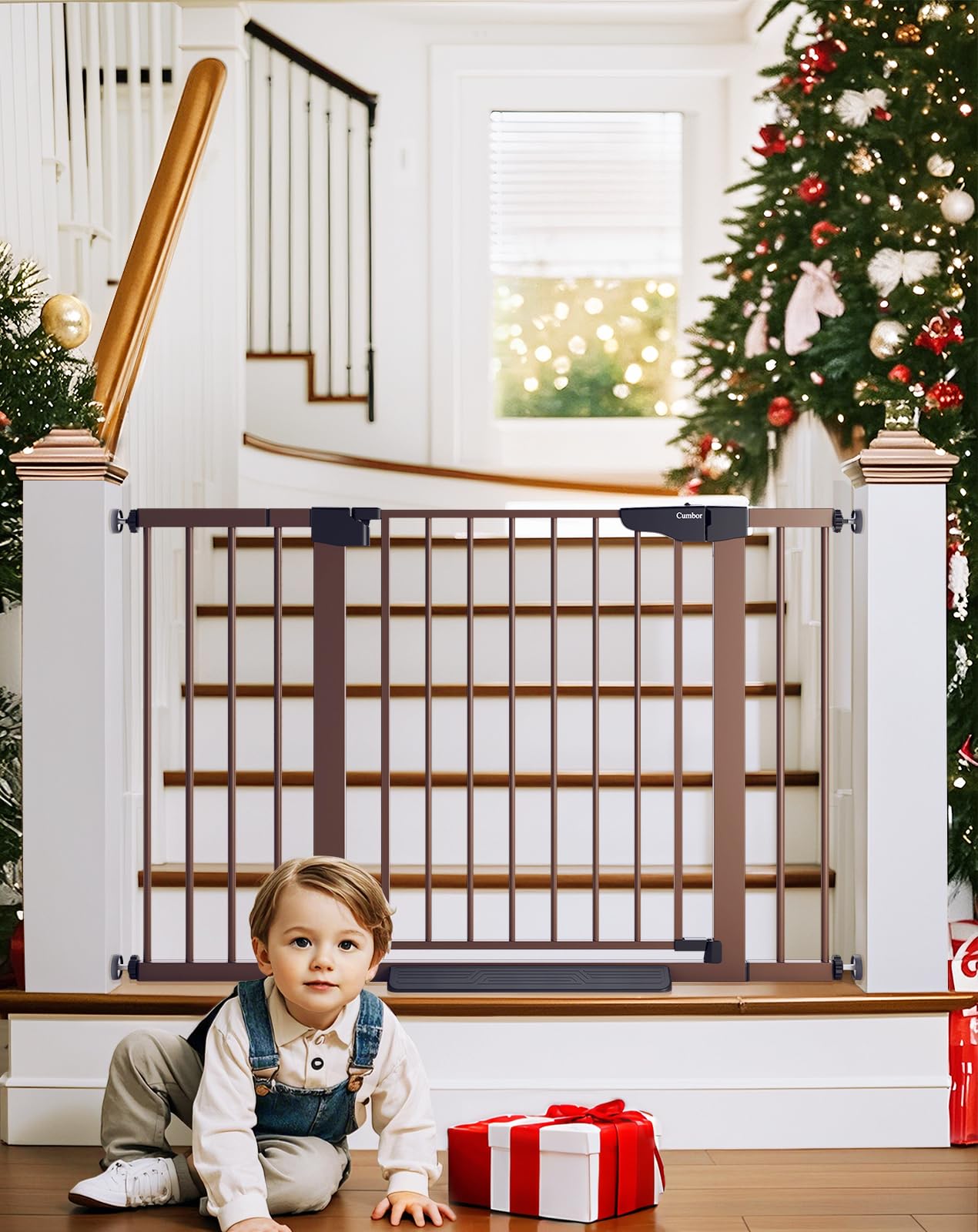 Cumbor 29.7-48' Baby Gate For Stairs, Mom'S Choice Awards Winner-Dog Gate For Doorways, Auto Close Safety Pet Gate For Dogs Indoor, Easy Install Pressure Mounted Child Gate With Walk Thru Door, Brown