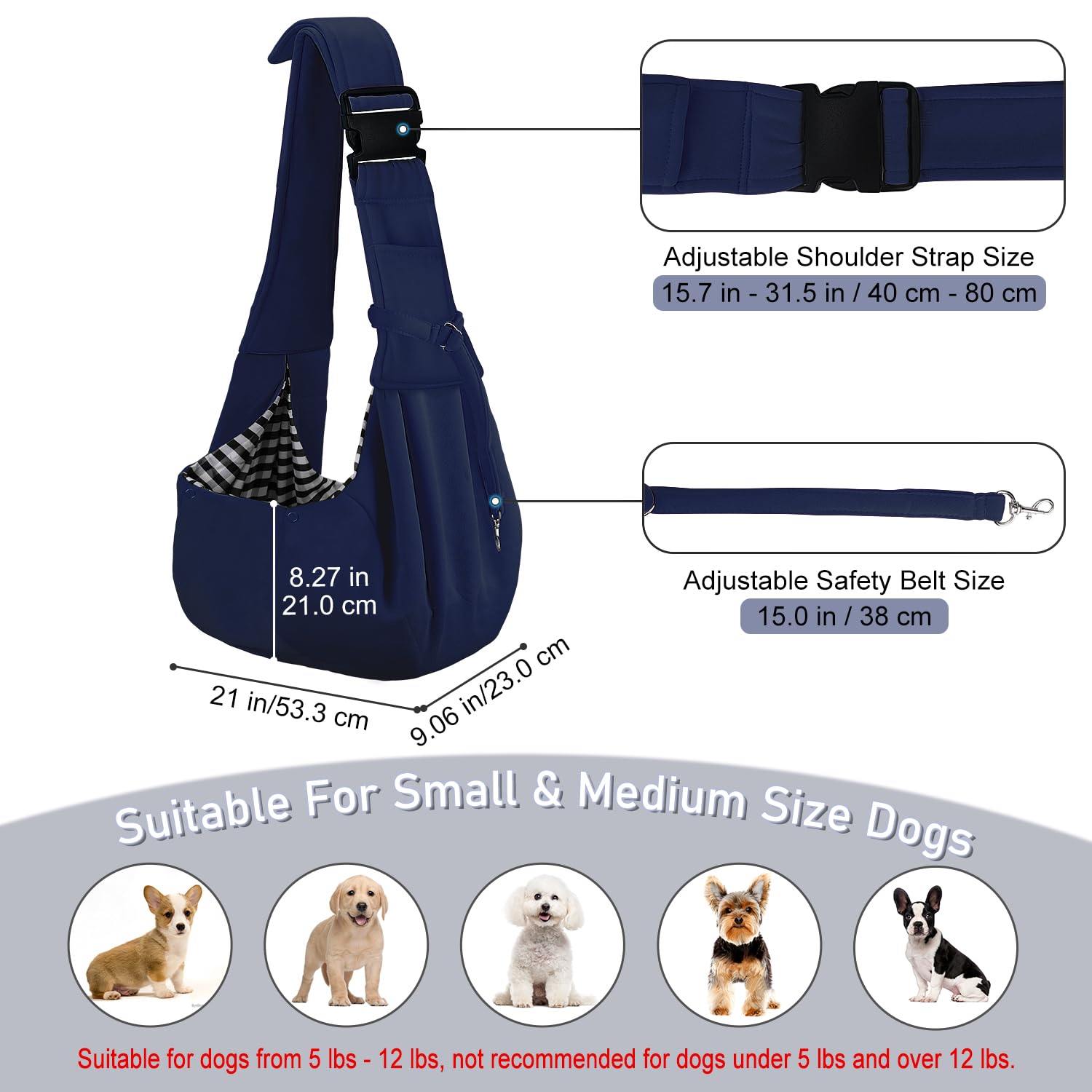Petloft Reversible Dog Cat Sling Carrier, Small Dog Carrier, Adjustable Dog Sling, Hands Free Cross Body Carrier With Collar Hook For Dog/Cat/Bunny Up To 11Lb (Blue)