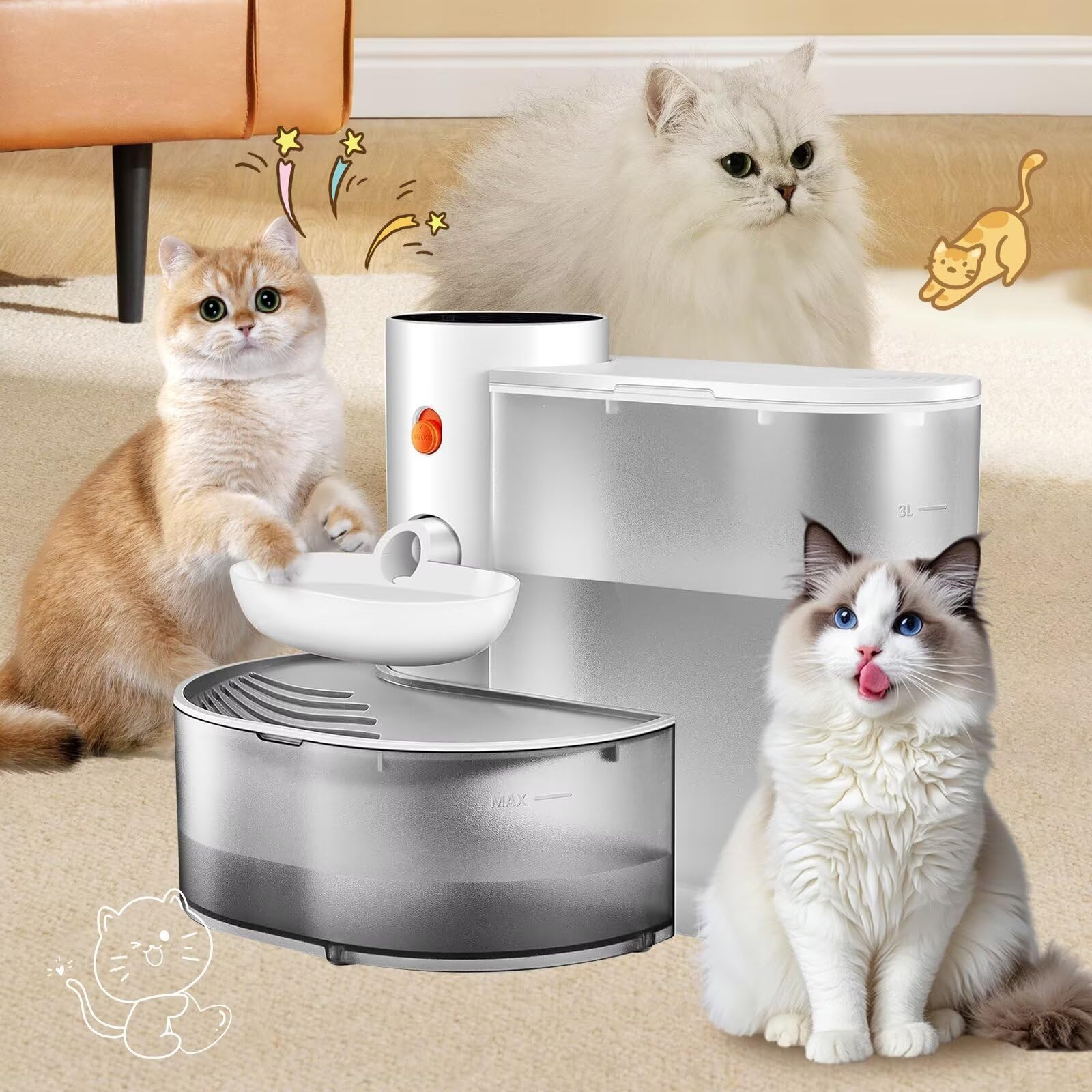 Saker Automatic Cat Water Dispenser: Smart Pet Water Fountain No Filter For Small Dogs - Wireless 3L Rechargeable Smart Cat Foun