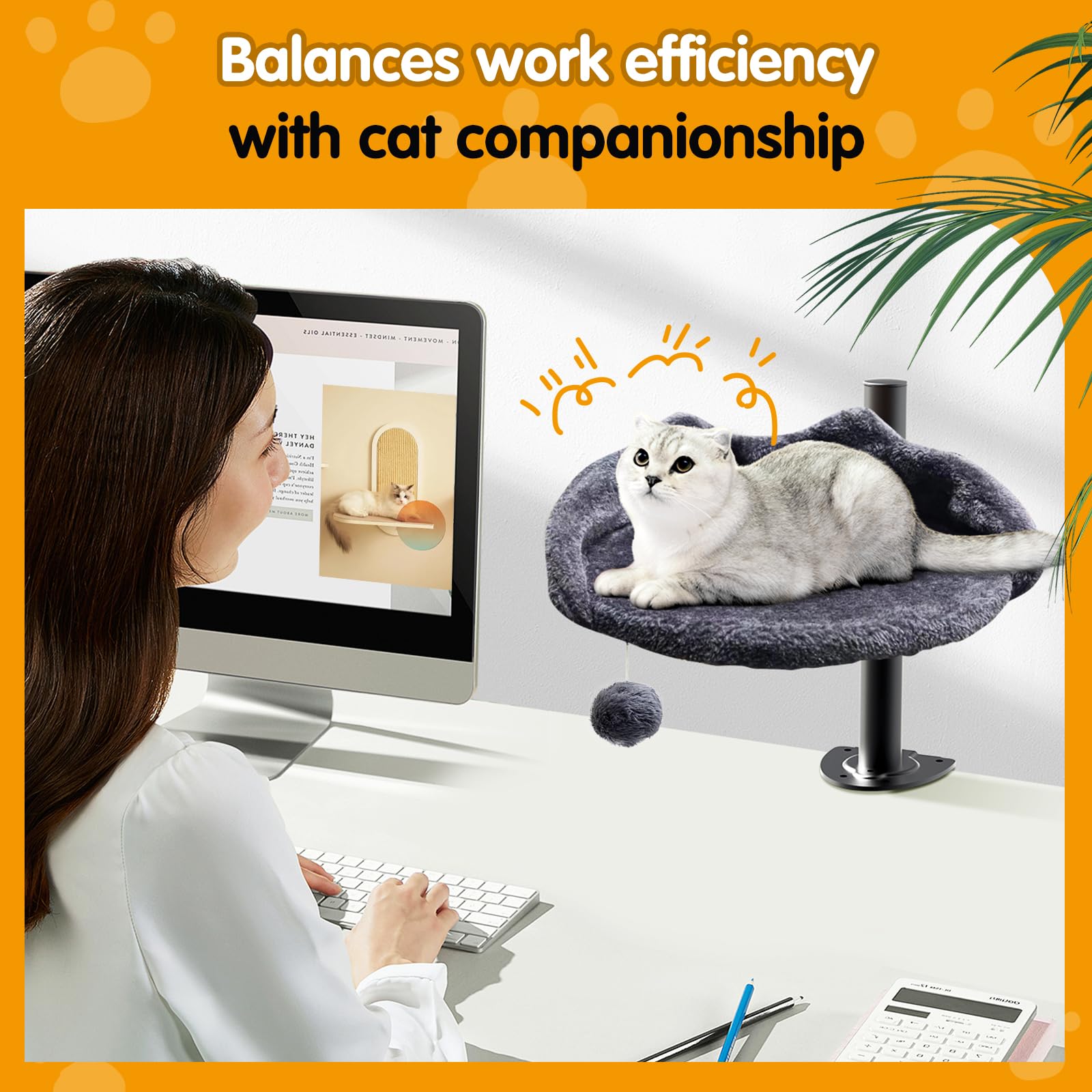 Sgreatiny Cat Desk Bed With Adjustable Steel Frame - Faux Fur Fabric Elevated Bed For Indoor - Multi-Functional Pet Cats Mount,F