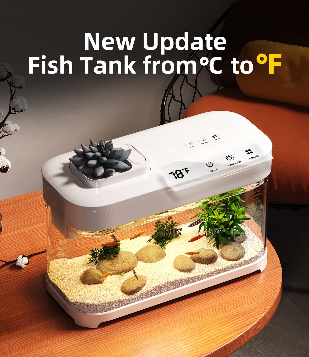 Smart Betta Fish Tank Aquarium 3 Gallon With Temperature Monitor, 3 Stage Filtration, 8 Color Lighting, Self Cleaning Small Beta