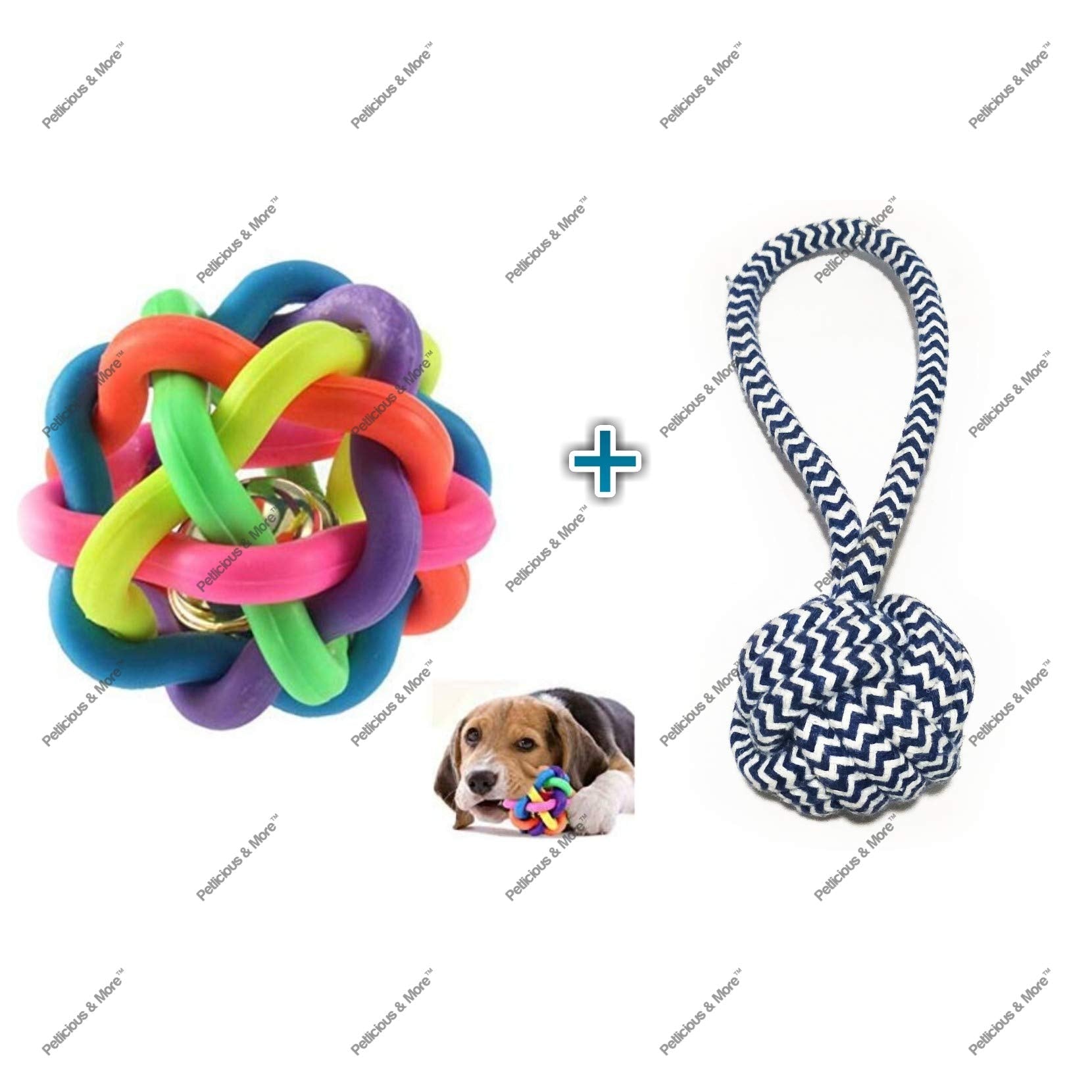 Petlicious & More Sound Ball (Small) with Puppy Rope Toy (Medium) Tug Toy for Dogs and Puppies  Combo of 2 (Color May Vary)