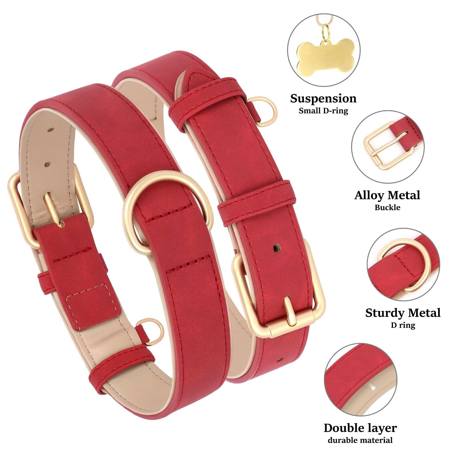 Didog Soft Padded Leather Dog Collar, Adjustable Dog Collars For Medium Dogs With Heavy Duty Metal Buckle And D Ring,Red,L