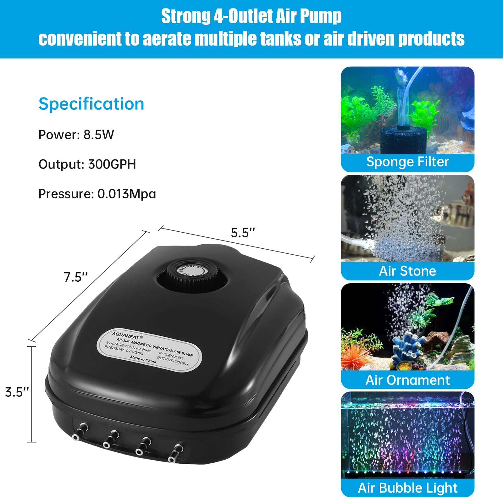 Aquaneat Aquarium Air Pump 300Gph, For Up To 200 Gallon Fish Tank, Powerful Hydroponic Aerator Pump, Adjustable Oxygen Bubbler