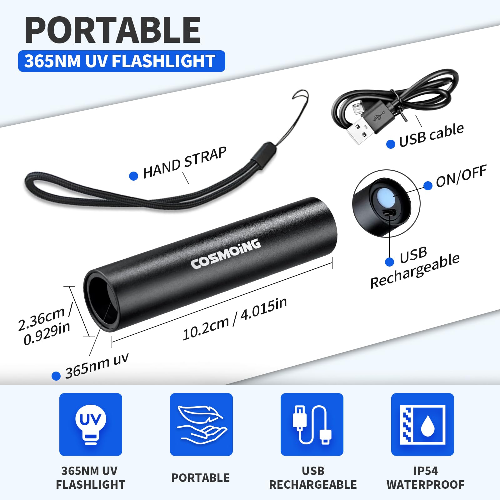 Cosmoing Uv Flashlight Usb Rechargeable, 365Nm Black Light Flashlight, Mini & Powerful Ultraviolet Flashlight Portable Detector