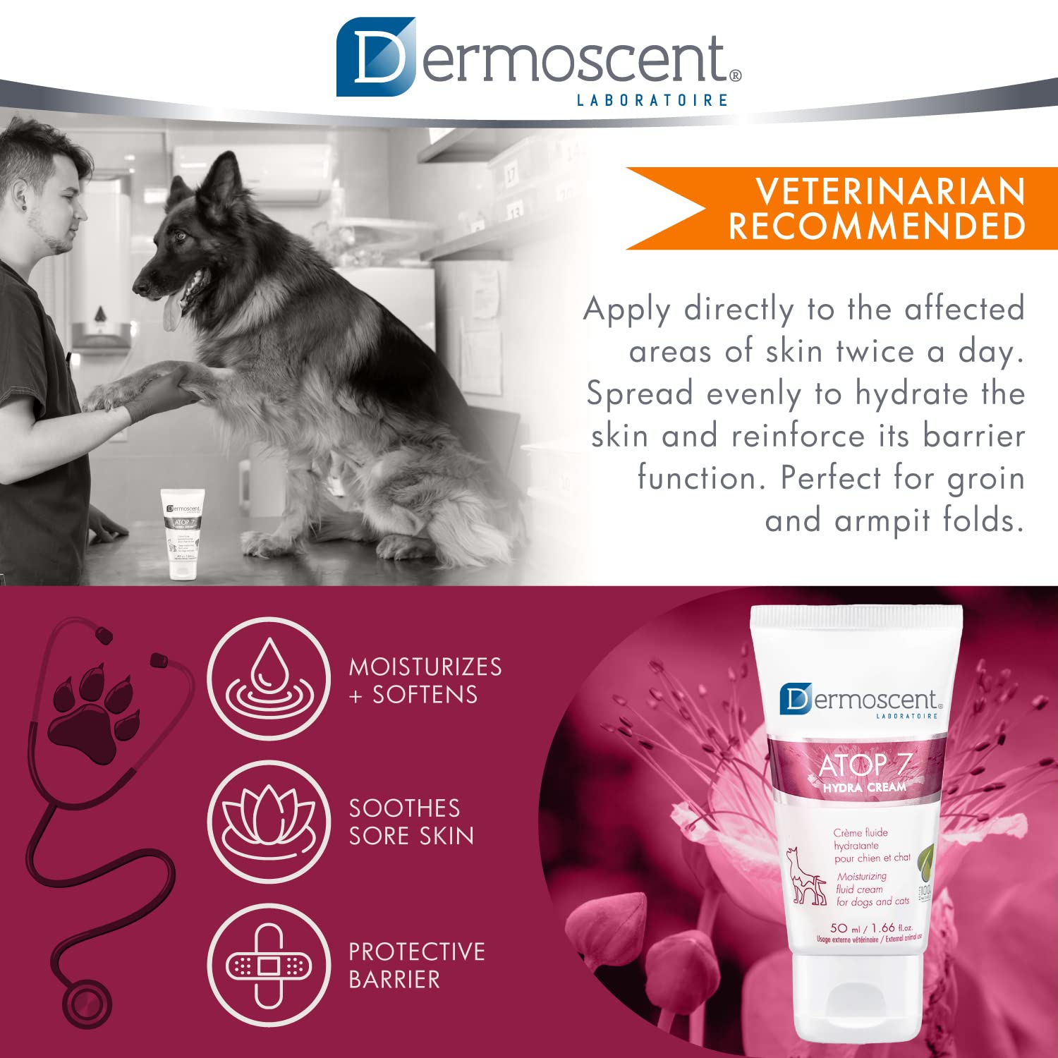 Dermoscent ATOP 7 Hydra Cream for Dogs & Cats for Dry & Allergy-Prone Skin Relief - Veterinarian Dermatologist Formulated - 50 m