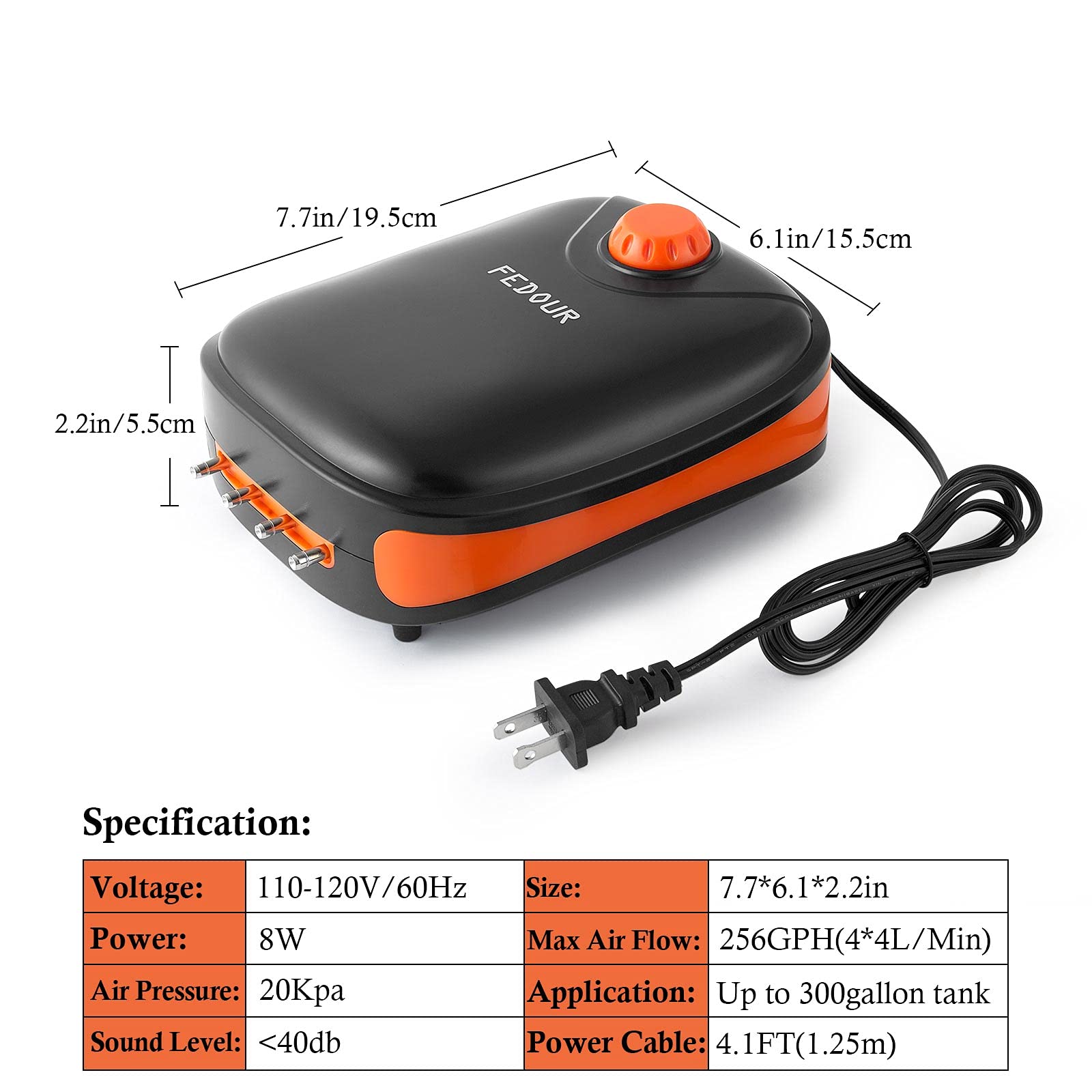 Fedour 4W 5W Aquarium Air Pump, Dual Outlets Oxygen Pump, Ultra Quiet Aquarium Bubbler For Up To 200 Gallon Fish And Turtle Tank (4W For 1-120Gallon)