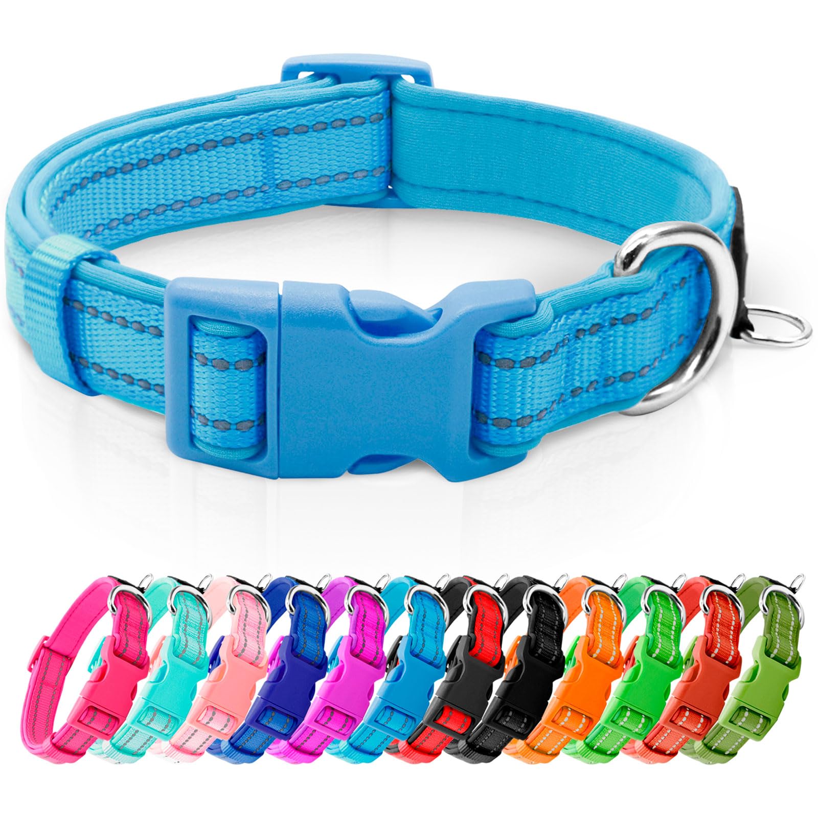 Azuza Reflective Dog Collar,Soft Neoprene Padded Pet Collar With Id Tag Ring,Adjustable For Small Dogs,Sky Blue,S