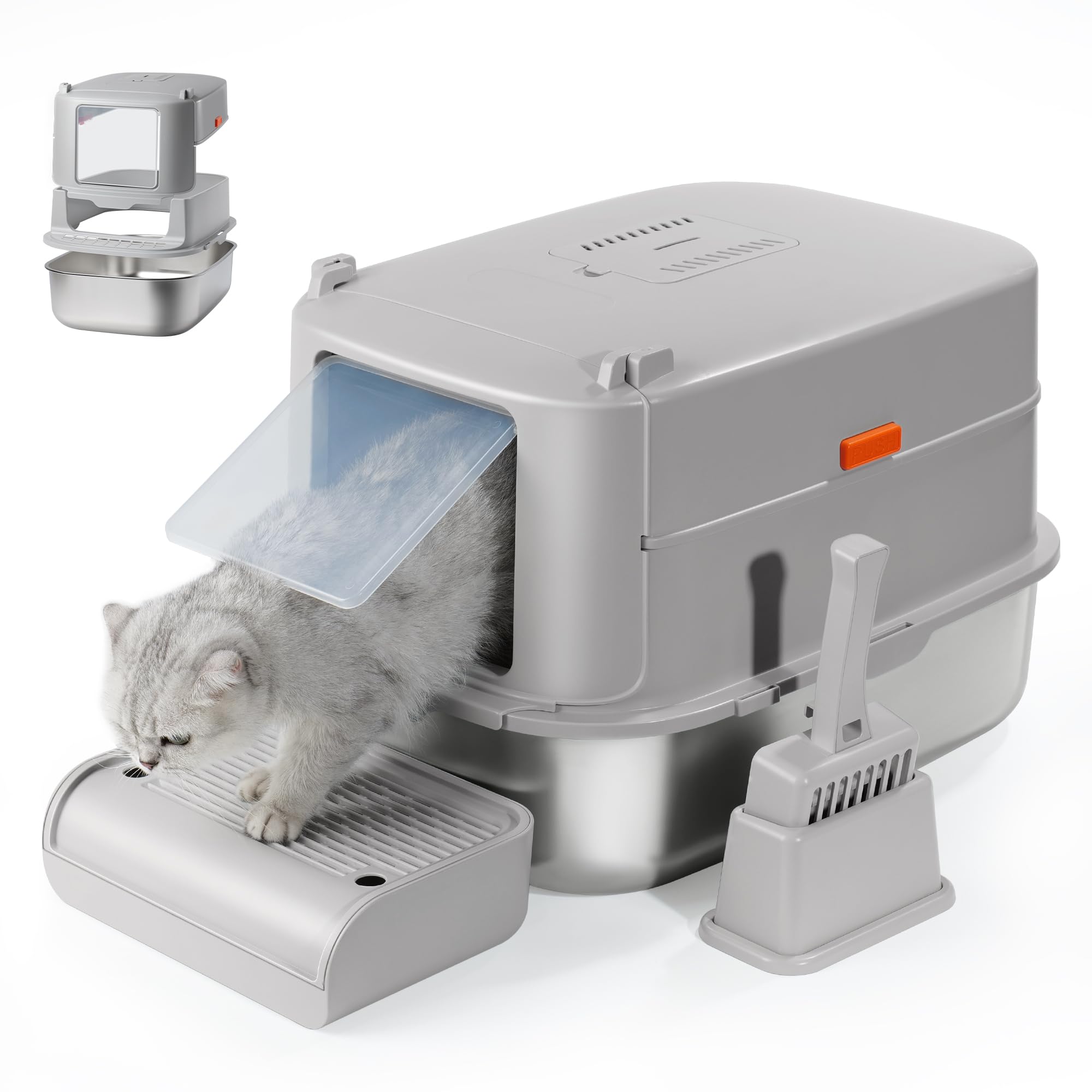 Aupures Stainless Steel Xl Cat Litter Box With Lid & Door Flap, Extra Large Enclosed Metal Litter Box With High Sides, Light Gre