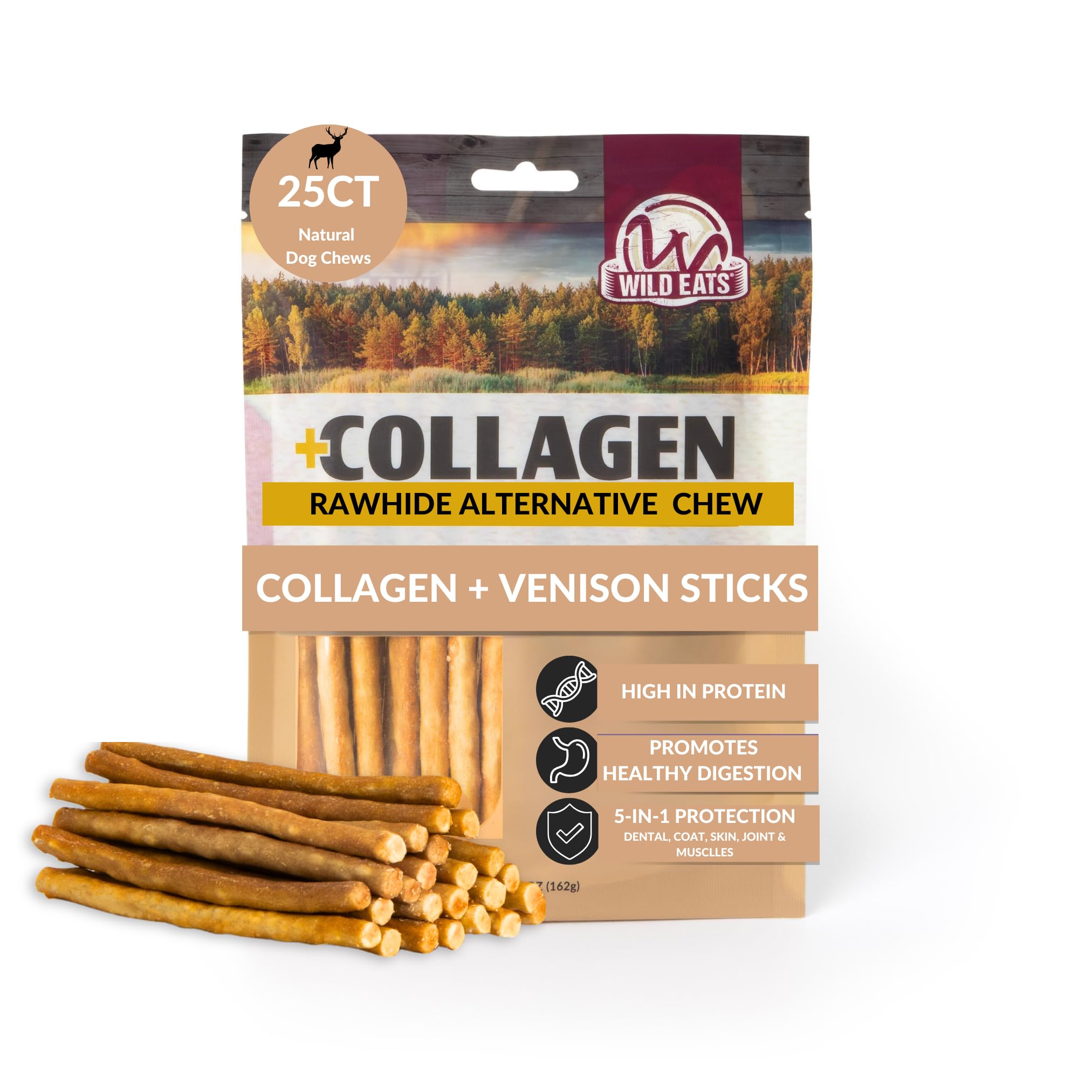 Wild Eats Venison Collagen Sticks for Dogs (25 Pack, 0.6 cm Wide) Long Lasting Dog Chews No Hide Dog Treat Bully Stick Alternati