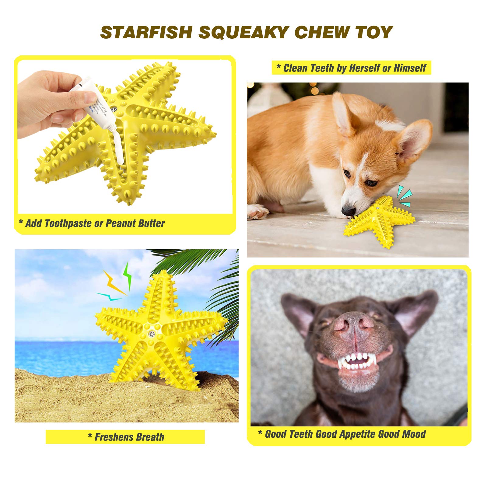 Idolpet Squeaky Dog Toys - Starfish Natural Teeth Cleaning Toy For Small & Medium Dogs - Yellow