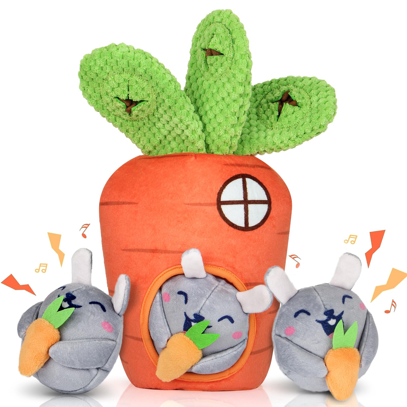Globright Hide and Seek Squeaky Dog Plush Toy Carrot and Bunny Set, 4 Pack Dog Puzzle Toys for Training and Cleaning, Interactiv