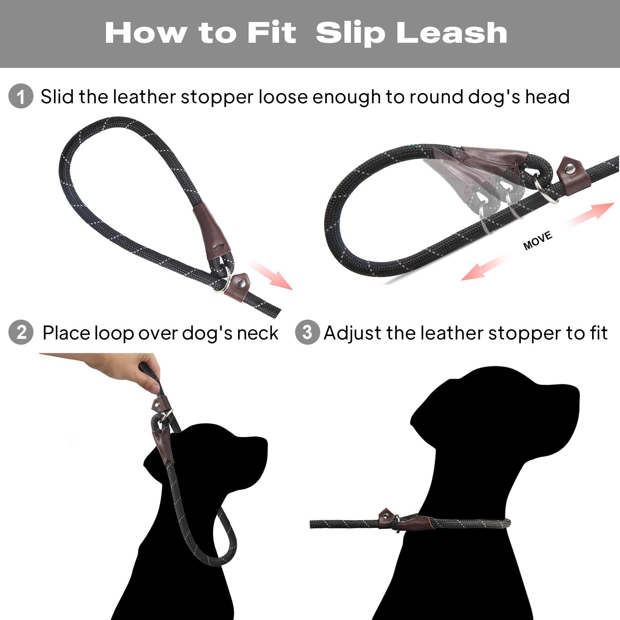 Twoear Dog Leash Dog Slip Rope Leash 6Ft Dog Training Leash Heavy Duty Strong Slip Lead Highly Reflective Threads For Small Medium And Large Dogs (Slim(3/8''X6Ft), Black)