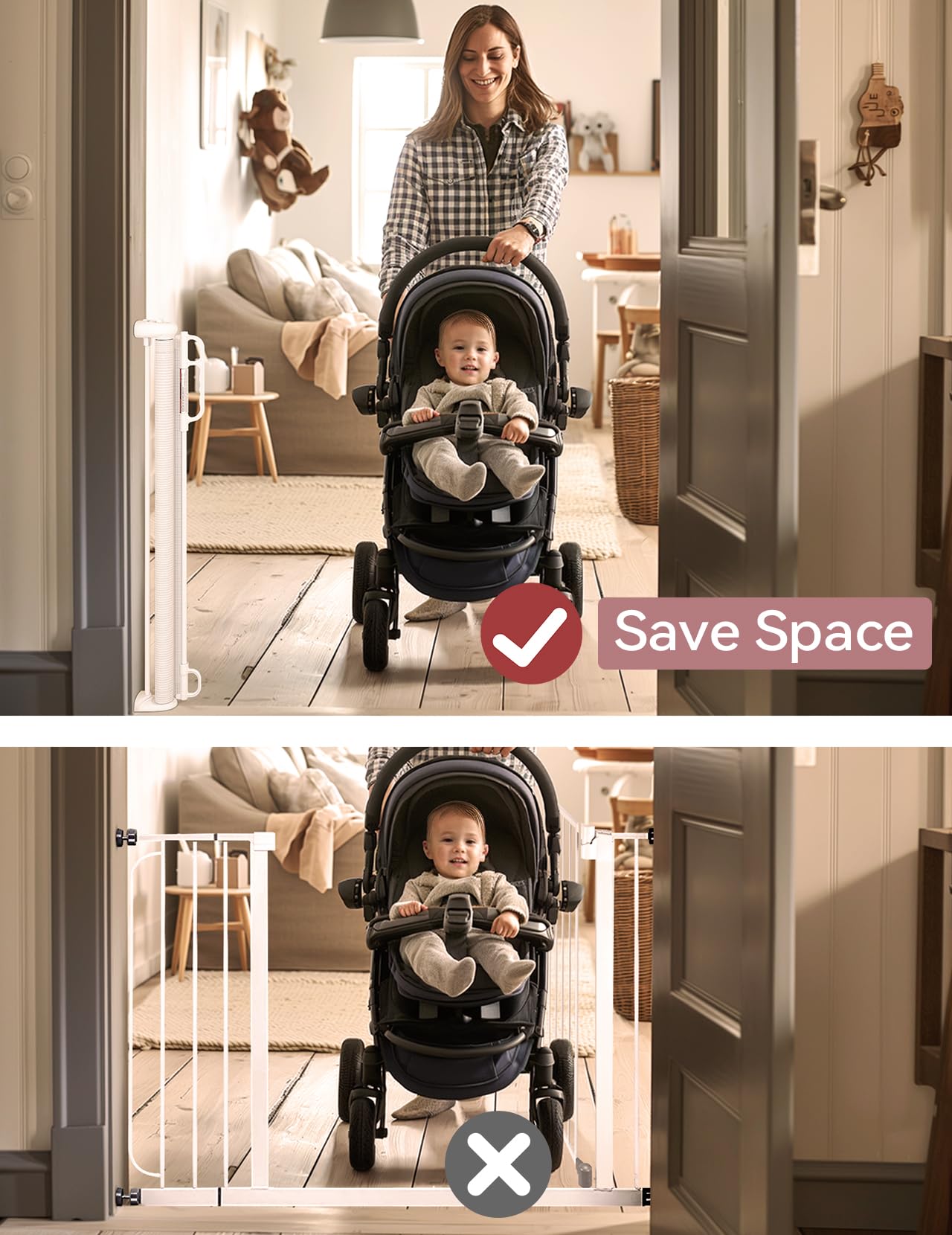 Momcozy Retractable Baby Gate - 33" Tall x 55" Wide, Easy to Use, White, Mesh, Model USVC-AM02-W for Stairs & Doorways