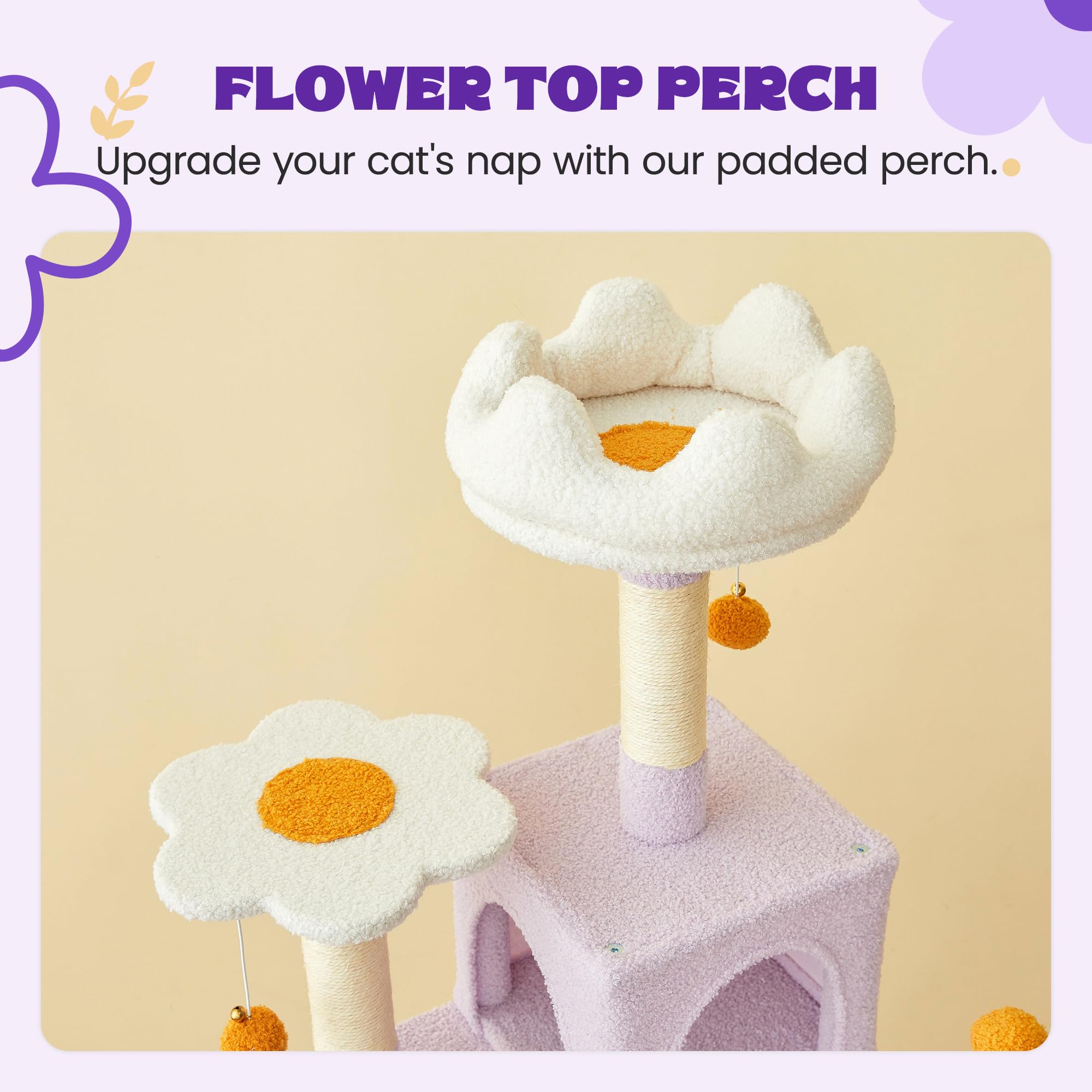 Mwpo Flower Cat Tree For Indoor Cats, 63.8 Inches Multi-Level Cat Tower With Sisal-Covered Scratching Posts, Padded Platform, Ha