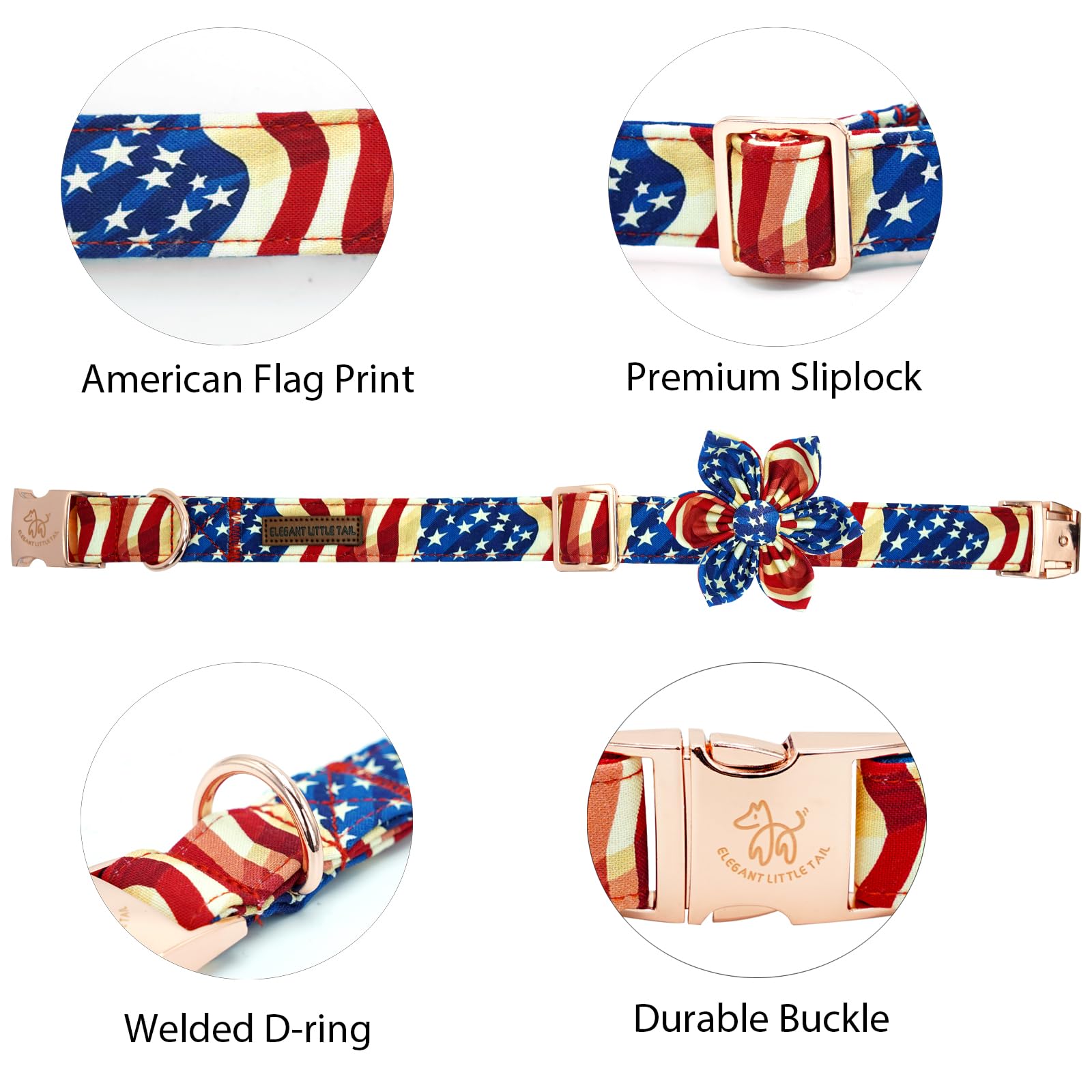 Elegant Little Tail Independence Dog Collar, Patriotic Pet Collar With Flower American 4Th Of July Holiday Cotton Soft Boy Girl