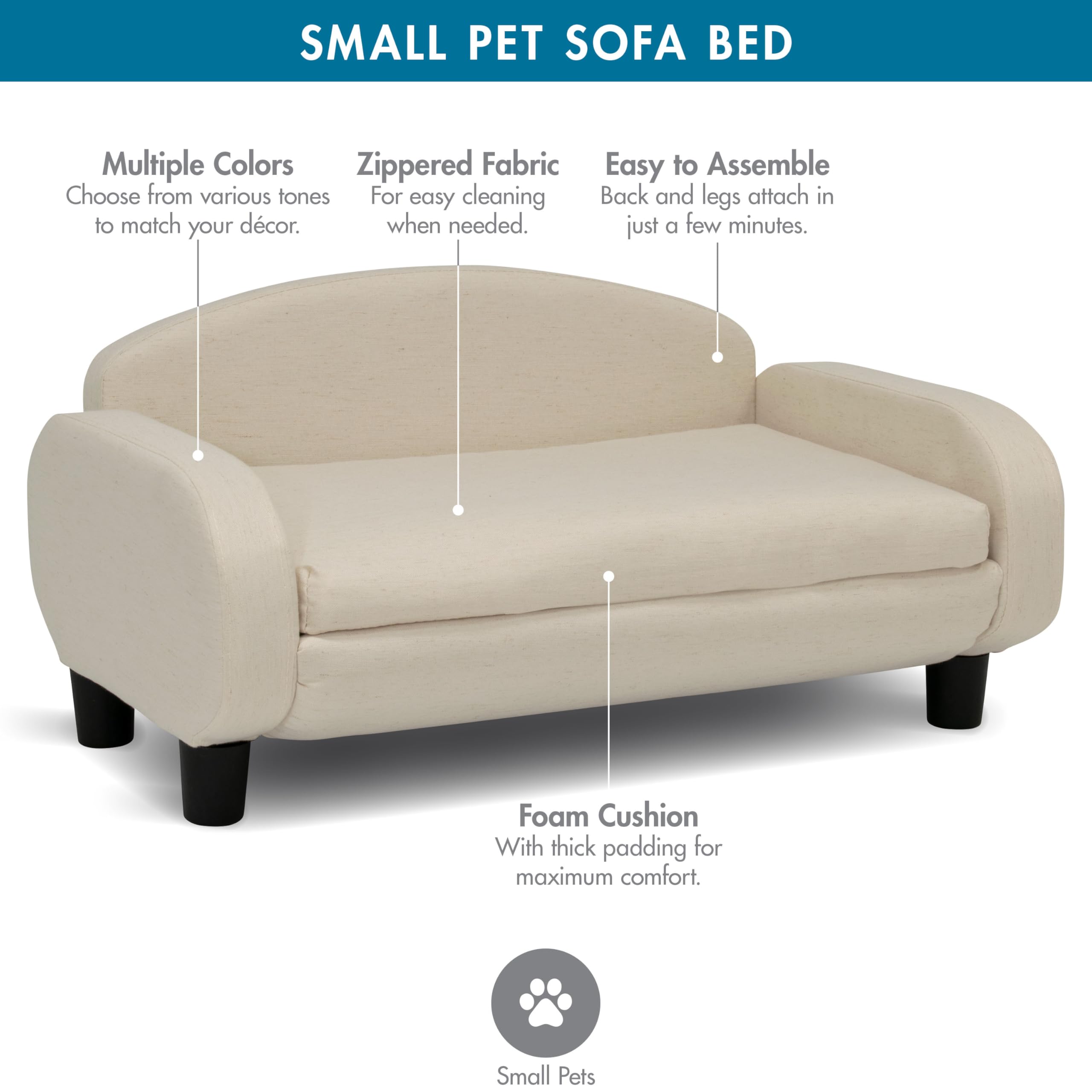 Paws & Purrs Modern Pet Sofa - 31.5" Wide Low Back Bed, Removable Cover, Espresso/Oatmeal, Model 61012, Plywood & Foam Materials