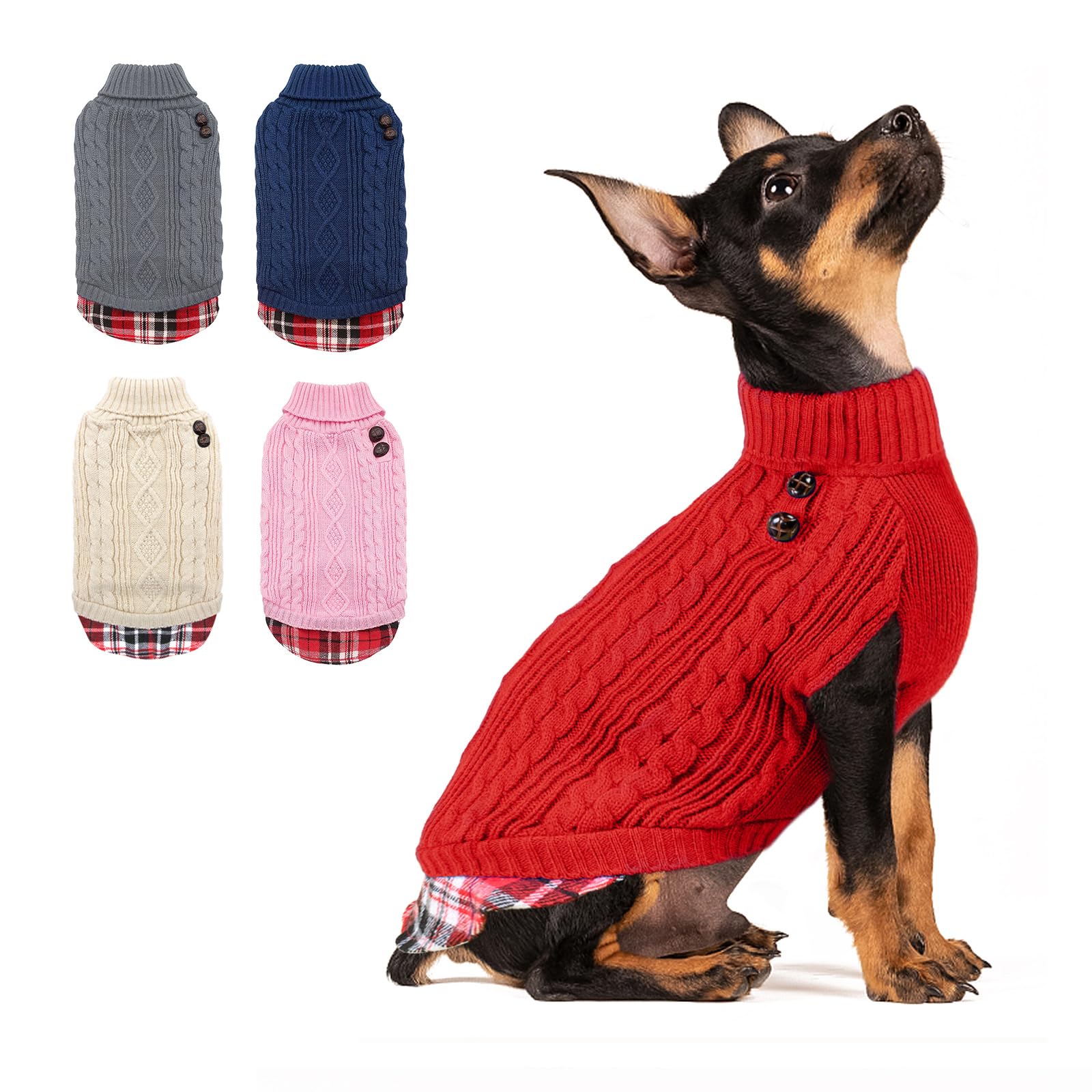Kyeese Dogs Sweaters For Small Dogs With Leash Hole Turtleneck Red Dog Pullover Sweater With Gingham Patchwork Knit Warm Puppy Sweater