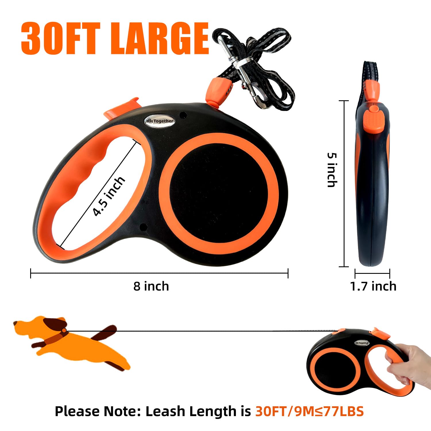 Retractable Dog Leash 30 Ft, Hh Together 360 Tangle-Free Leash For Medium Large Dogs Up To 77 Lbs, Heavy Duty, One-Handed Brake,