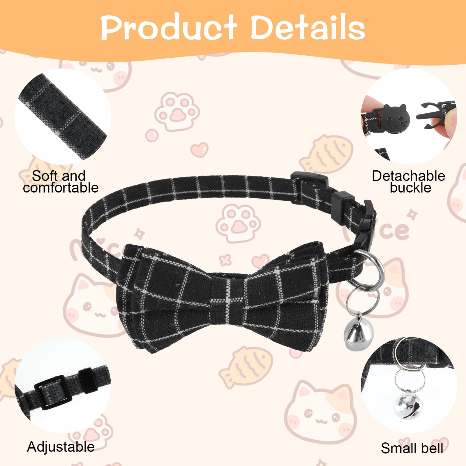 Jeffdad 2Pcs Cat Collar Breakaway, Cat Collar With Bells Bowtie Plaid Cat Collar Adjustable For Kitten Puppy And Small Pets (Bla