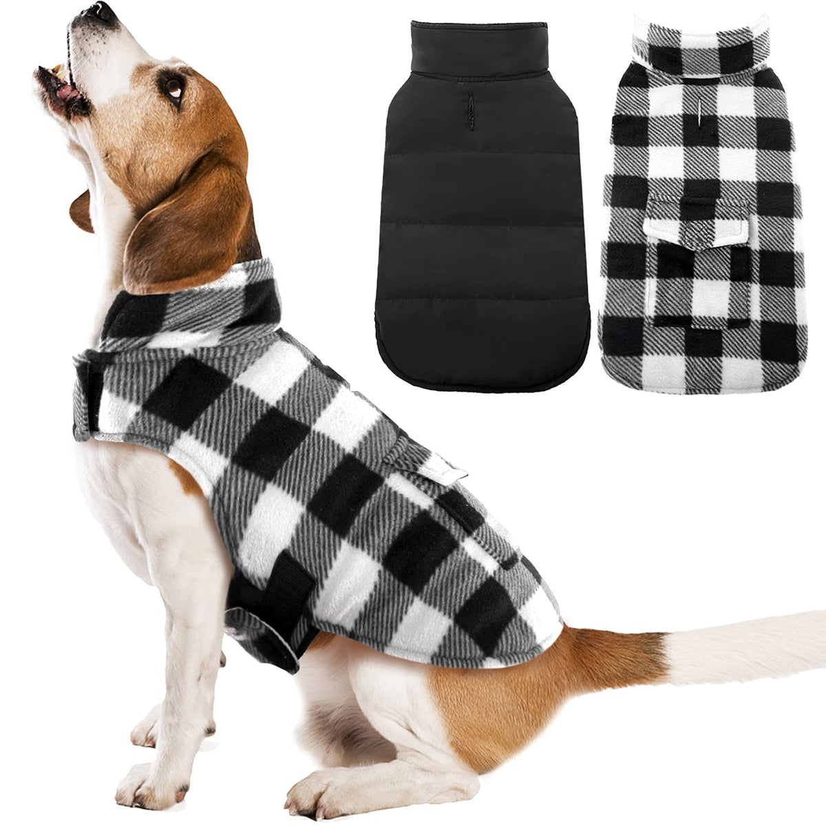 Kuoser Cozy Dog Winter Coat, Windproof Dog Jacket British Style Plaid Cold Weather Dog Coat Reversible Warm Dog Vest For Small Medium Large Dogs White Xs