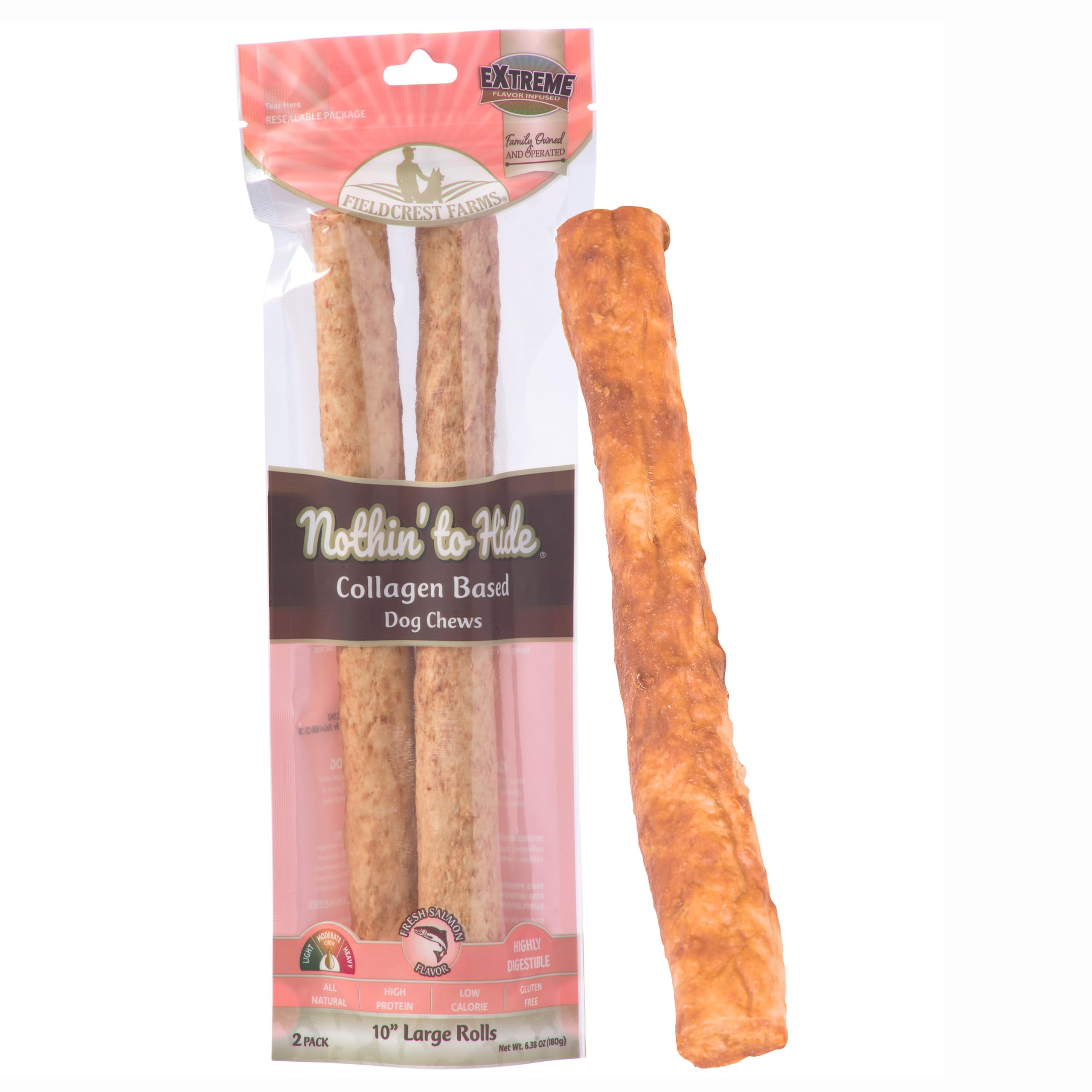 Fieldcrest Farms Nothin to Hide Large Roll Dog Chews, 10    Salmon Flavor, 2 Pack - Highly Digestible Collagen Rolls for Long-La